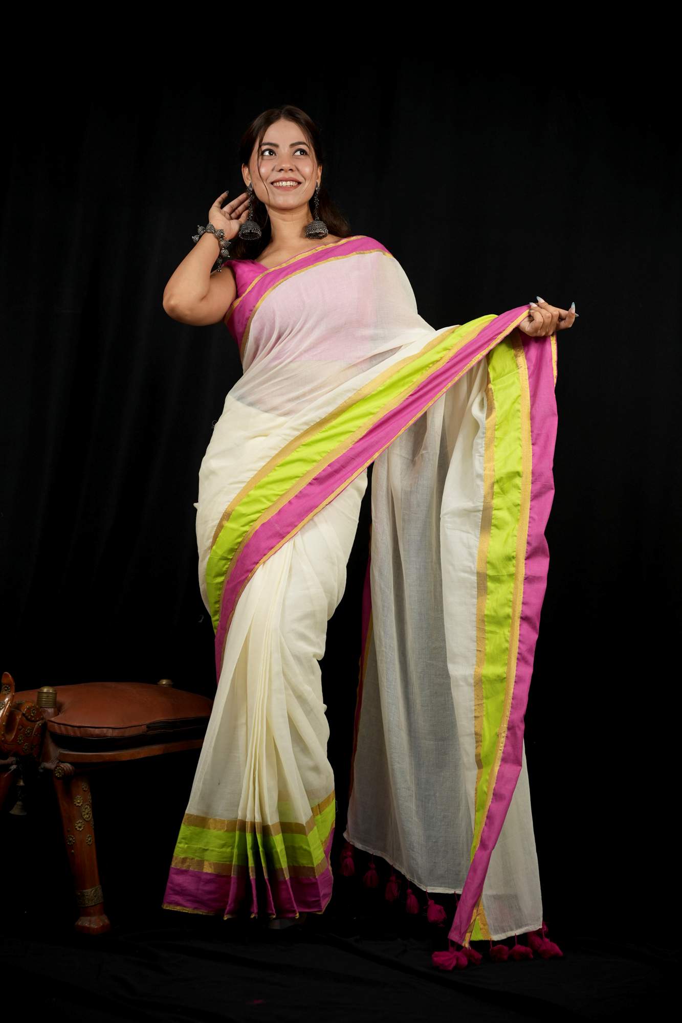 Pastel Striped Mul Cotton with  Playful Tassel Border Ready To wear Saree