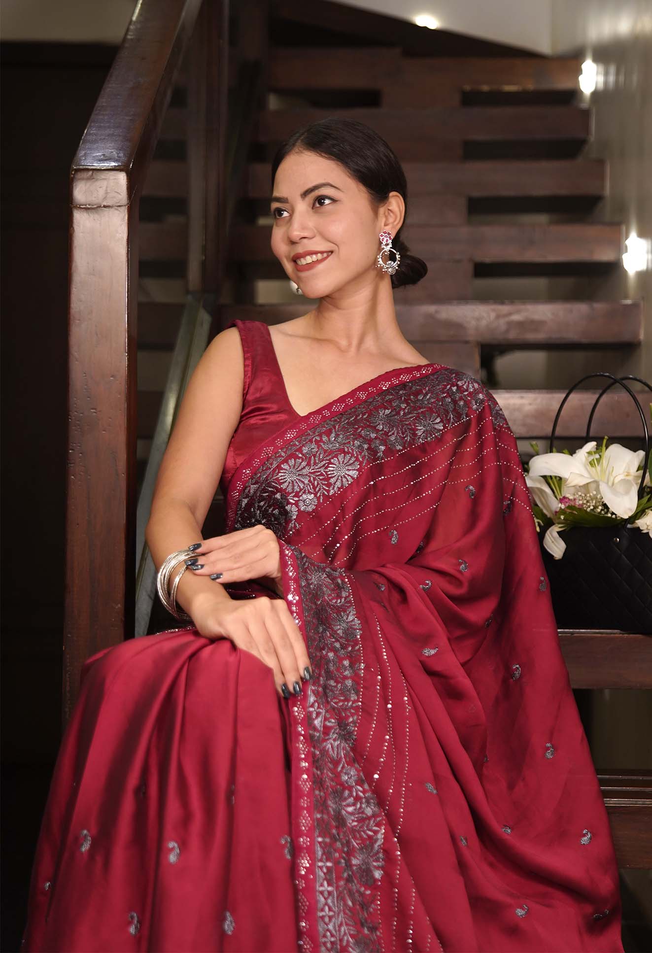 Maroon Soft Silk With Stone Grey Zari Work Embellished Wrap In One Minute Saree