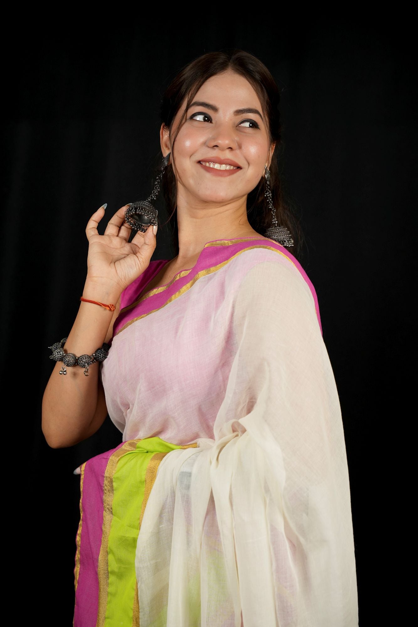 Pastel Striped Mul Cotton with  Playful Tassel Border Ready To wear Saree