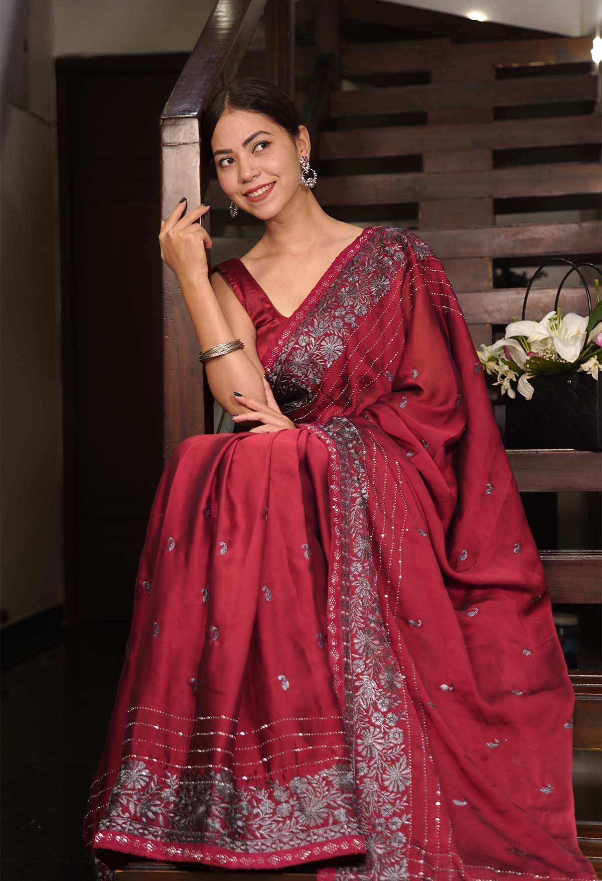 Maroon Soft Silk With Stone Grey Zari Work Embellished Wrap In One Minute Saree