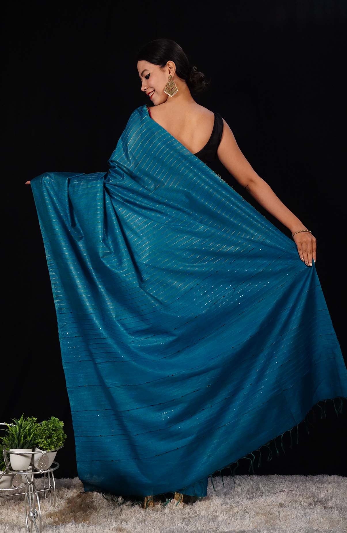 Ready To Wear Premium Bhagalpuri Cotton Silk with woven zari and sequin work all over Wrap in 1 minute saree