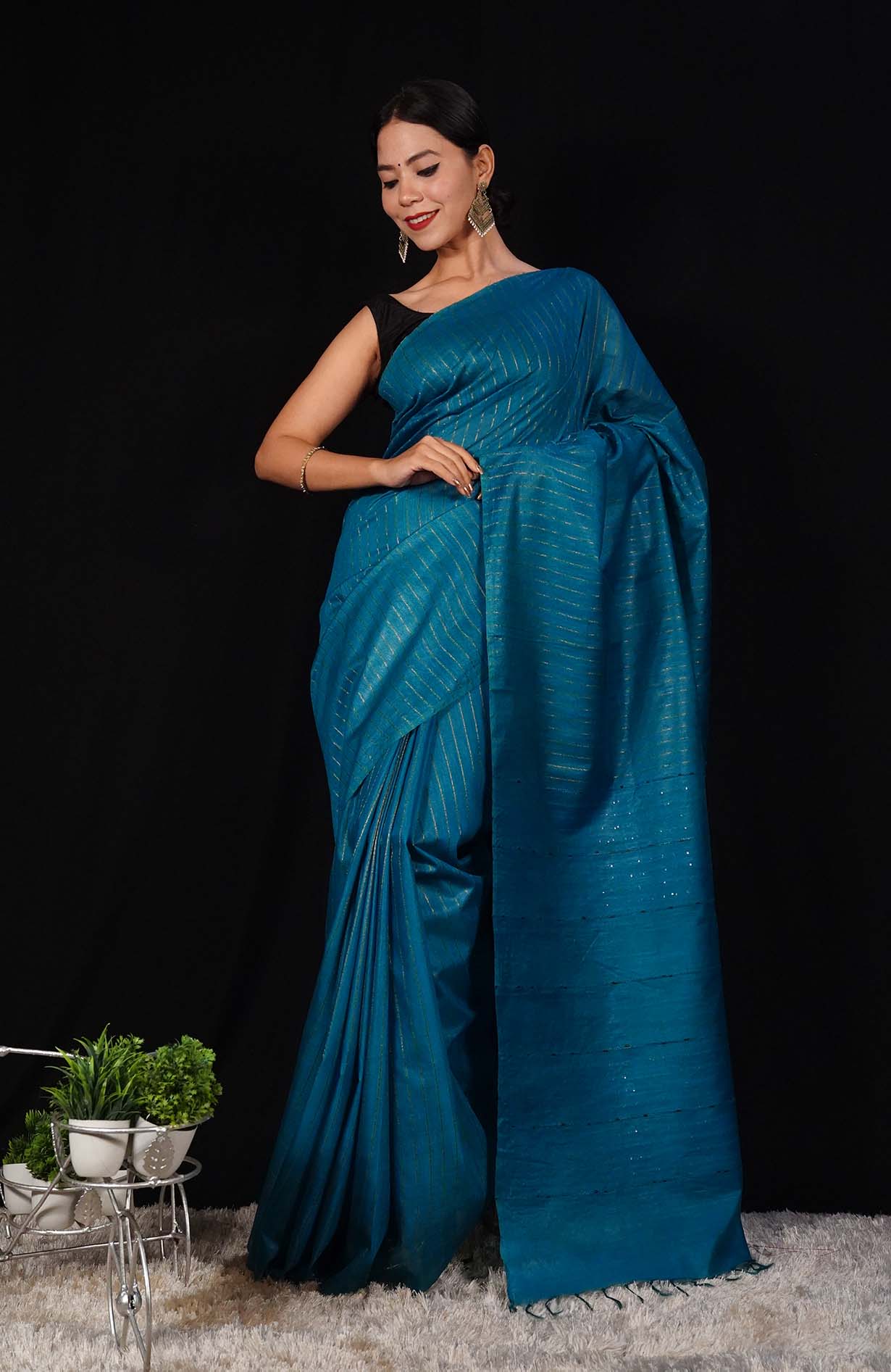 Ready To Wear Premium Bhagalpuri Cotton Silk with woven zari and sequin work all over Wrap in 1 minute saree