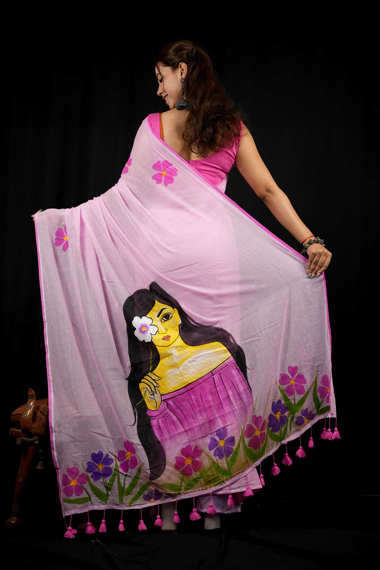 Hand-Painted Mulmul Cotton with Floral paint and Tassels Border Ready To Wear Saree