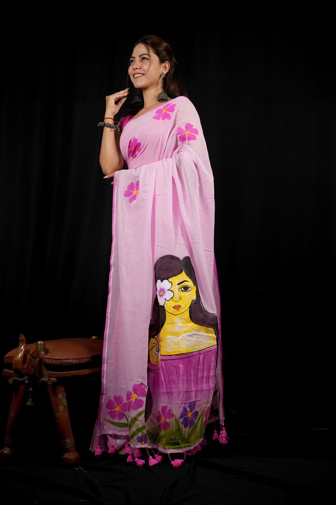 Hand-Painted Mulmul Cotton with Floral Design and Tasseled Border Ready To Wear Saree