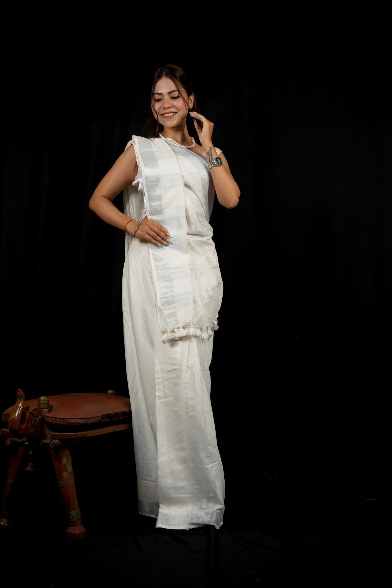 White Linen Cotton with Handloom weave Ready to wear Saree