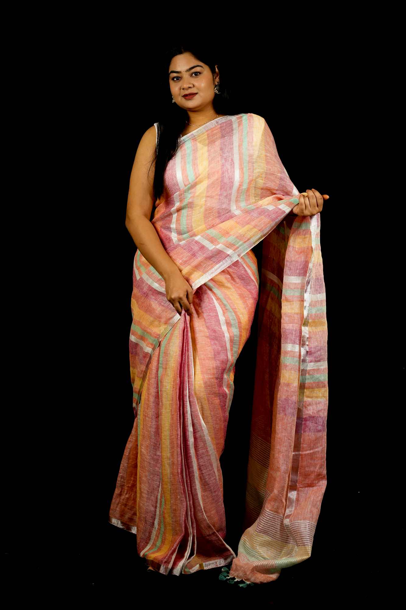 Multicolored Handwoven Linen with Beaded Pallu Ready To Wear Saree