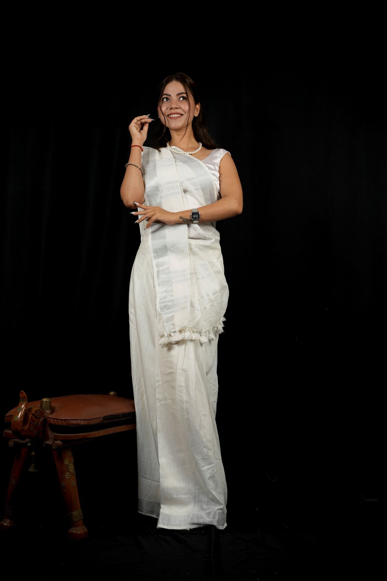 White Linen Cotton with Handloom weave Ready to wear Saree