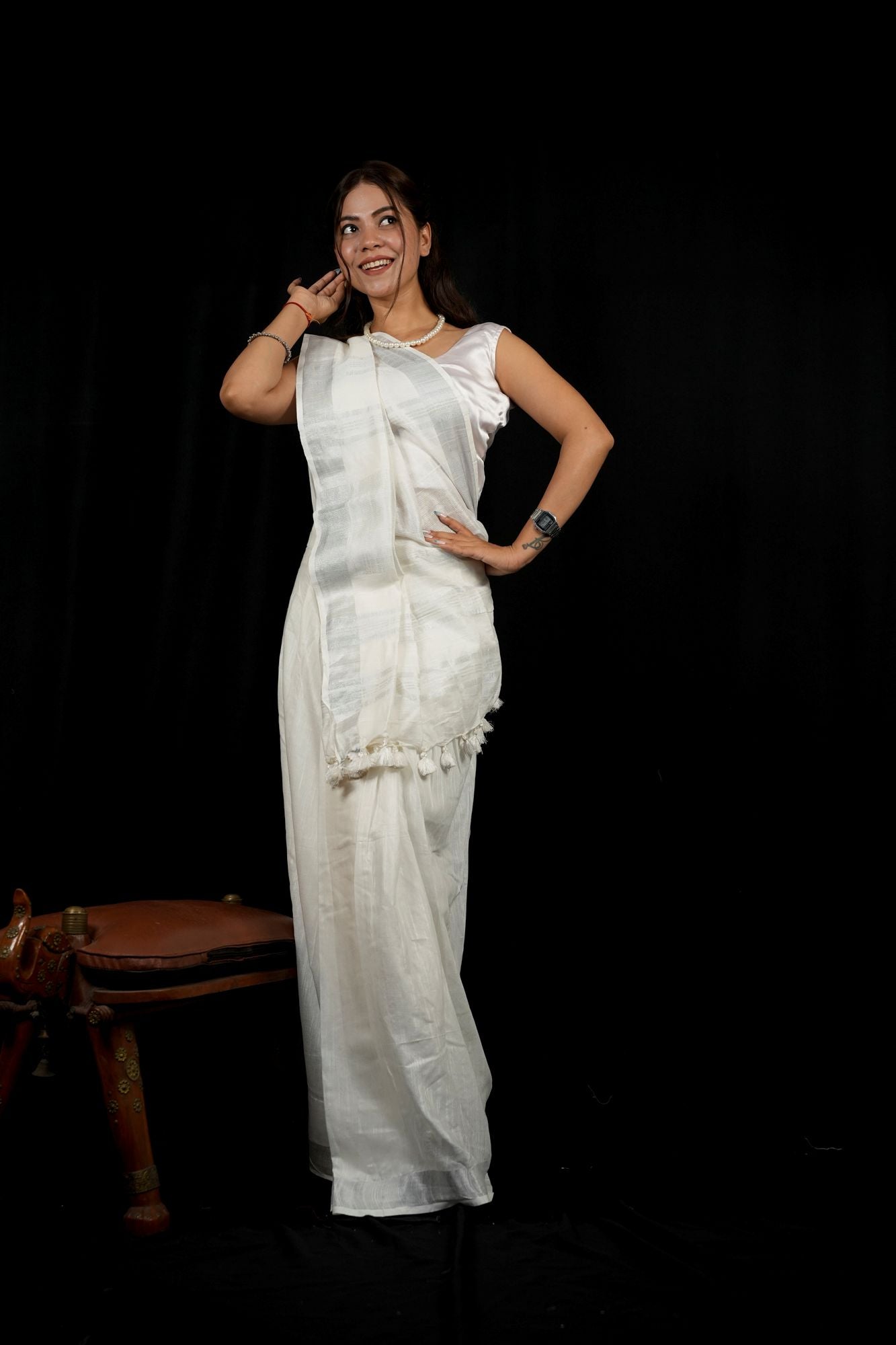 White Linen Cotton with Handloom weave Ready to wear Saree