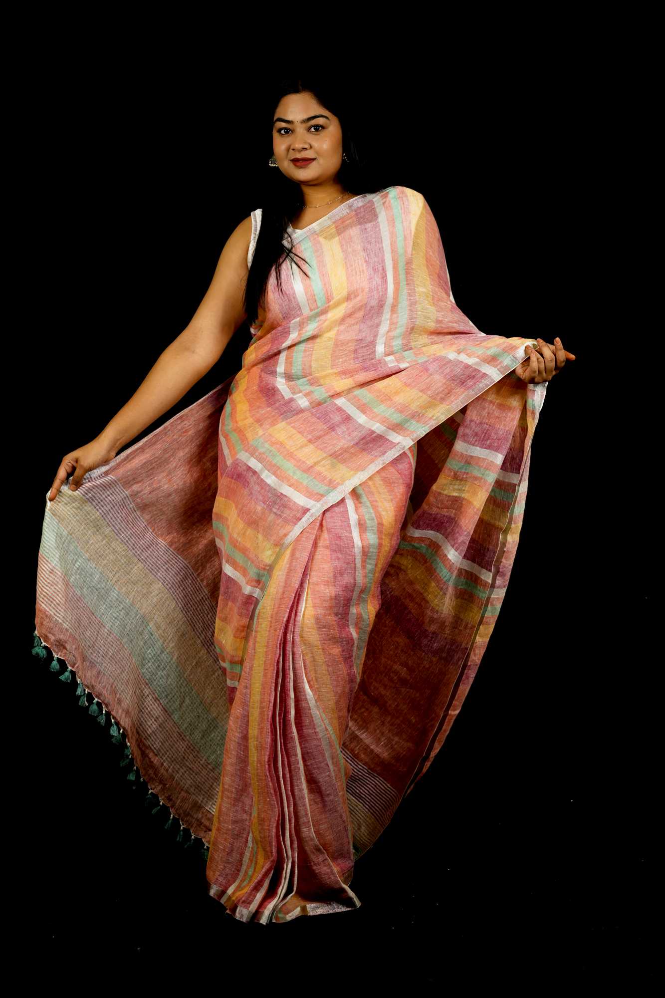 Multicolored Handwoven Linen with Beaded Pallu Ready To Wear Saree