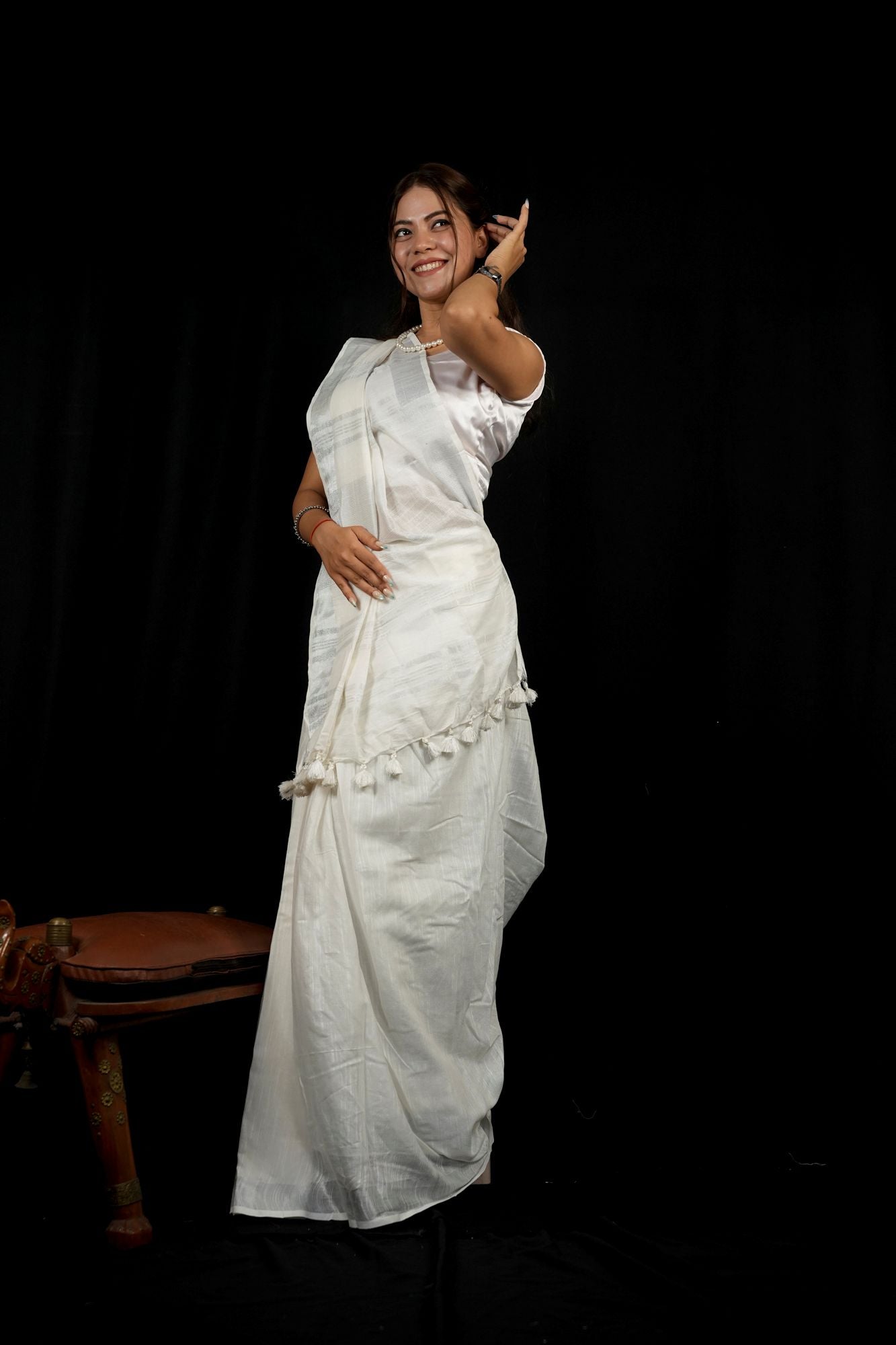 White Linen Cotton with Handloom weave Ready to wear Saree