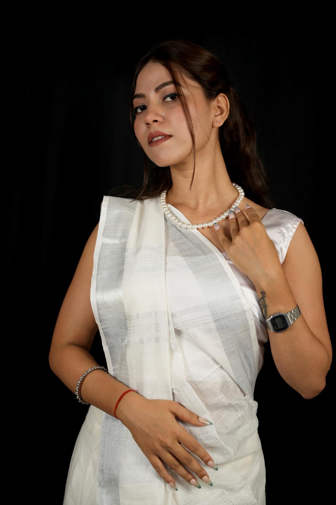 White Linen Cotton with Handloom weave Ready to wear Saree