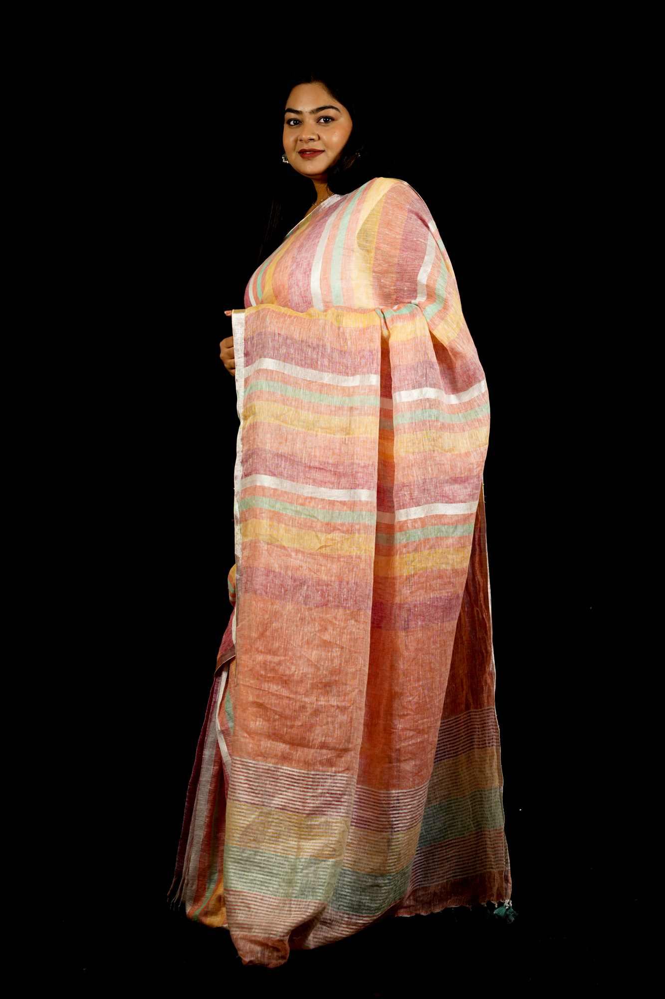 Multicolored Handwoven Linen with Beaded Pallu Ready To Wear Saree