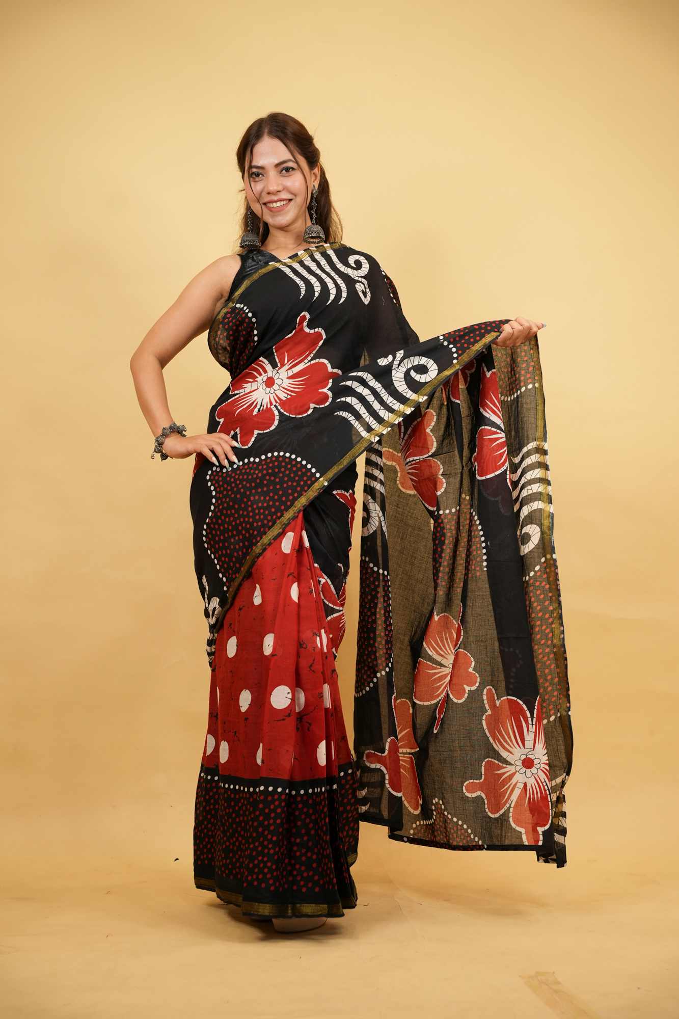 Cotton Batik Print in Black & Red with Floral Motifs Ready To Wear Saree