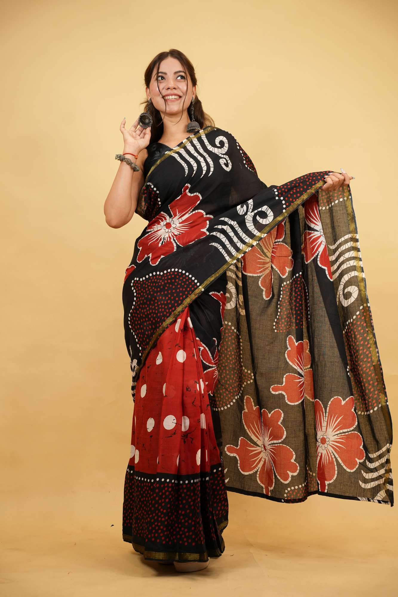 Cotton Batik Print in Black & Red with Floral Motifs Ready To Wear Saree