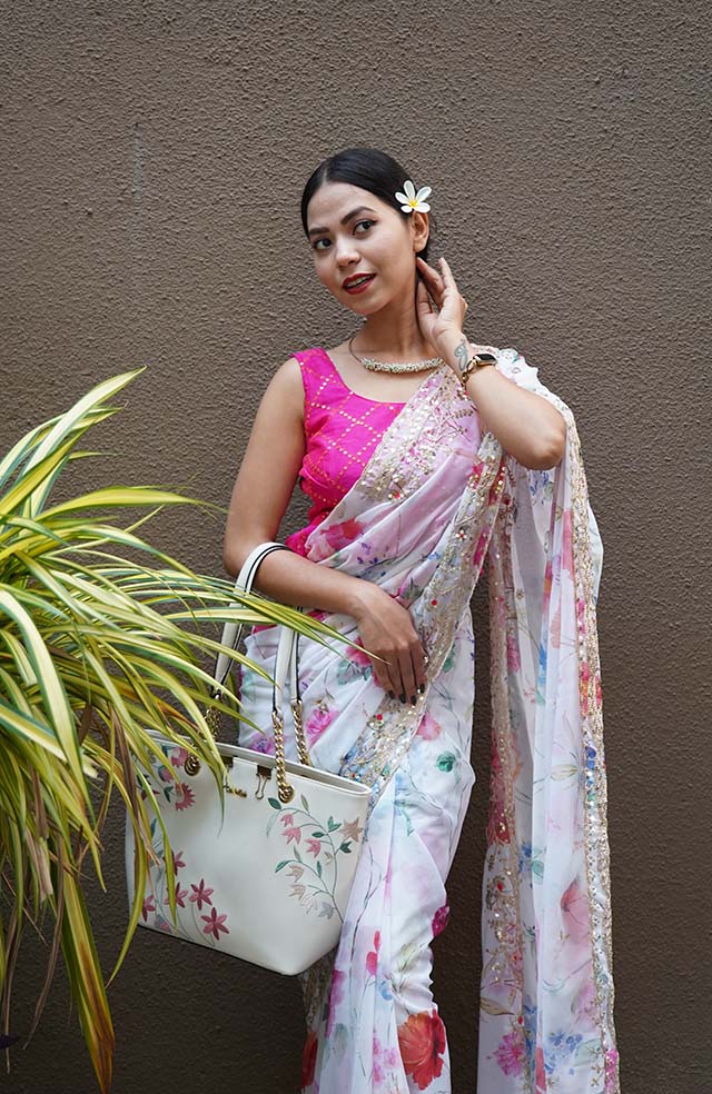 Pre-stitched wrap saree styled with Handworked raw silk blouse – POOJA  BAGARIA