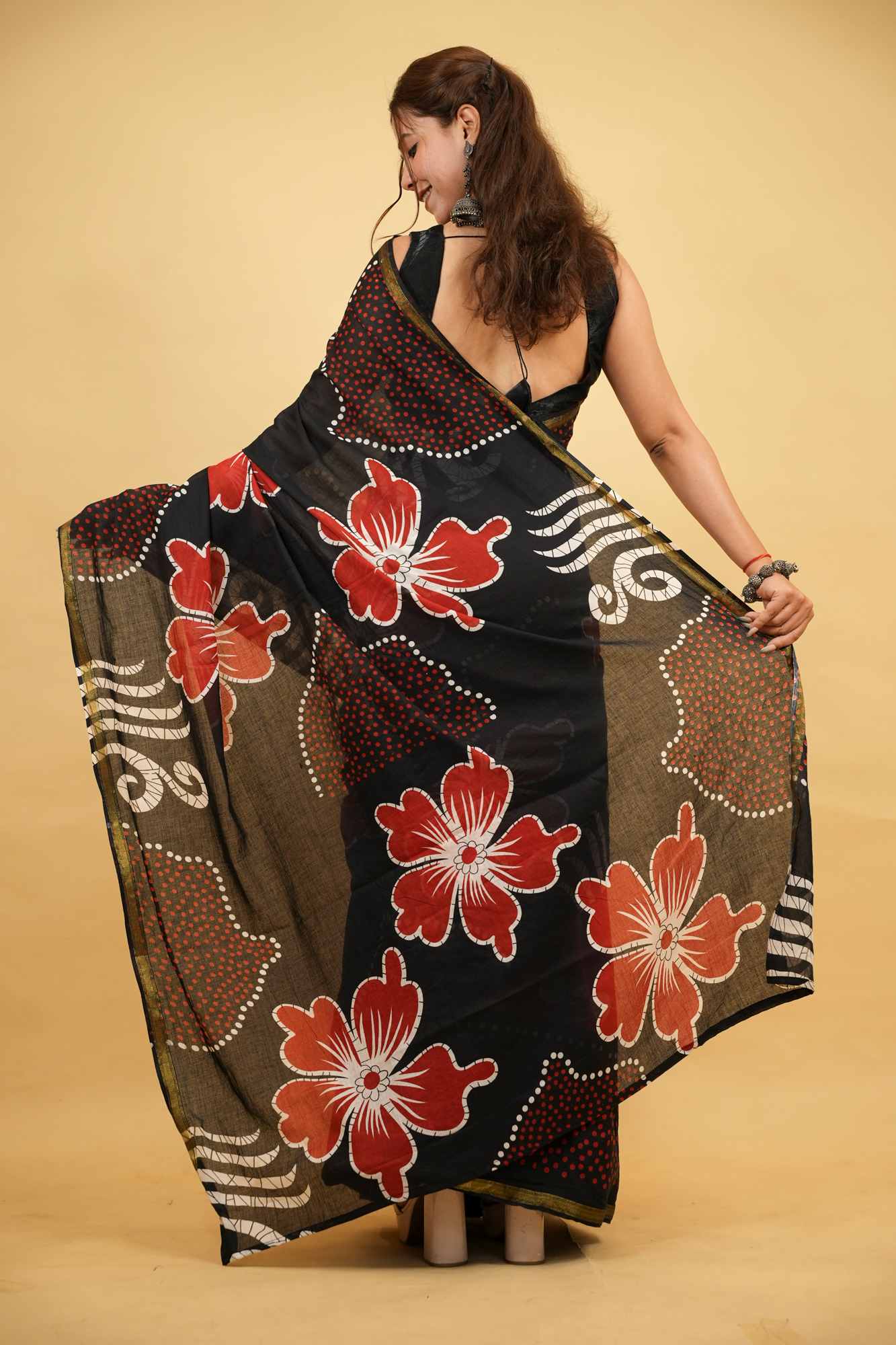 Cotton Batik Print in Black & Red with Floral Motifs Ready To Wear Saree