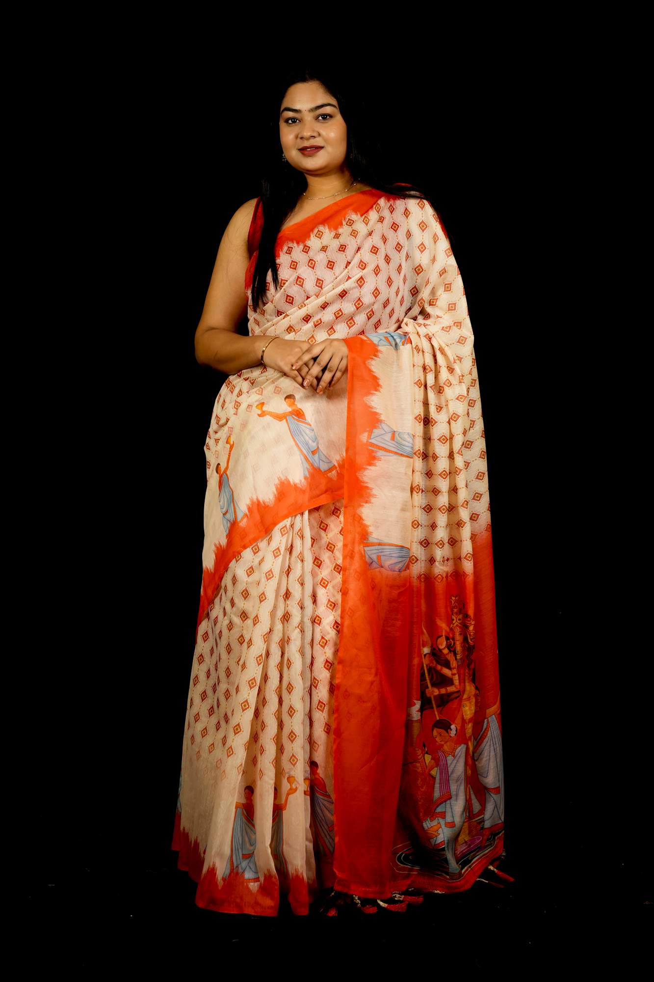 Beautiful White Printed With  Orange Temple Border & Overall Picture Embroidery Wrap in 1 minute saree