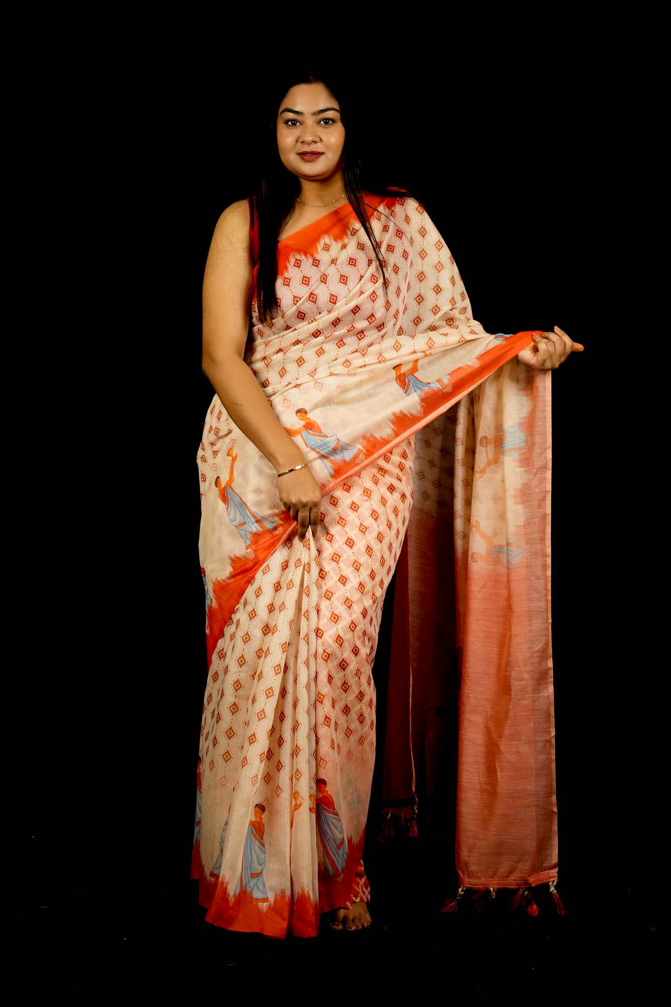Beautiful White Printed With  Orange Temple Border & Overall Picture Embroidery Wrap in 1 minute saree
