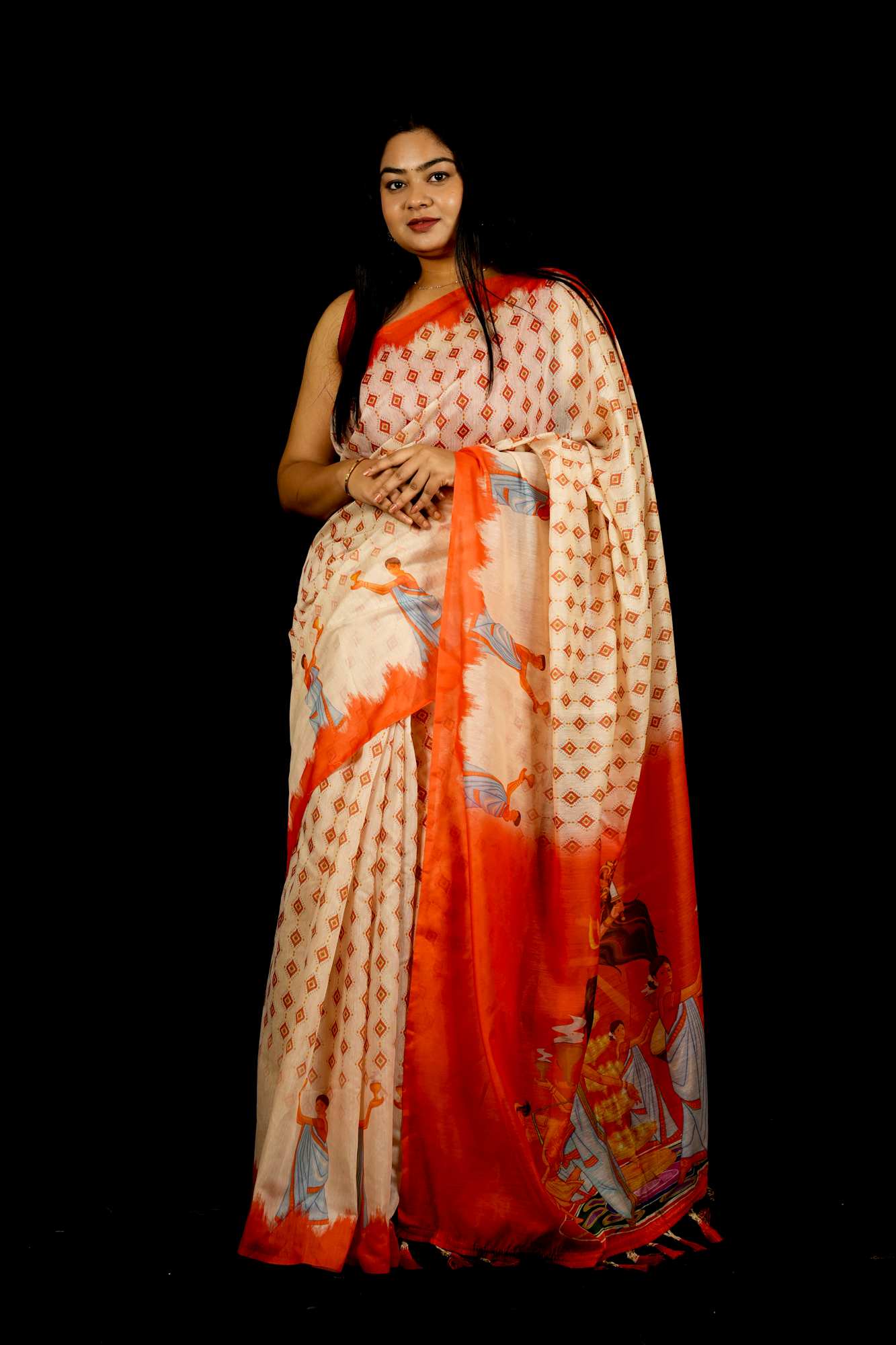 Beautiful White Printed With  Orange Temple Border & Overall Picture Embroidery Wrap in 1 minute saree