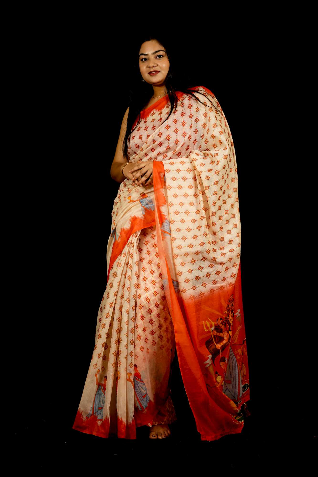 Beautiful White Printed With  Orange Temple Border & Overall Picture Embroidery Wrap in 1 minute saree