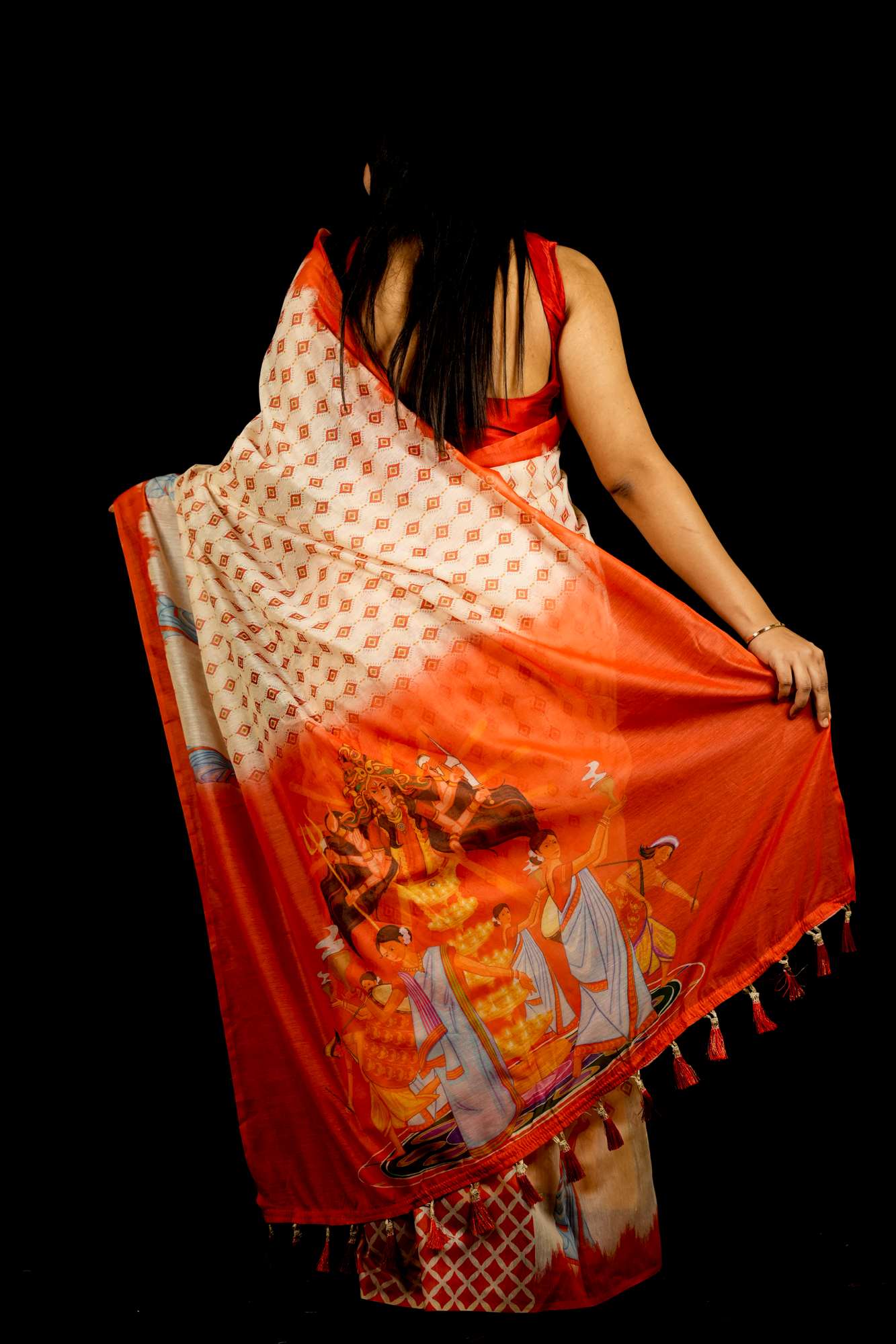 Beautiful White Printed With  Orange Temple Border & Overall Picture Embroidery Wrap in 1 minute saree