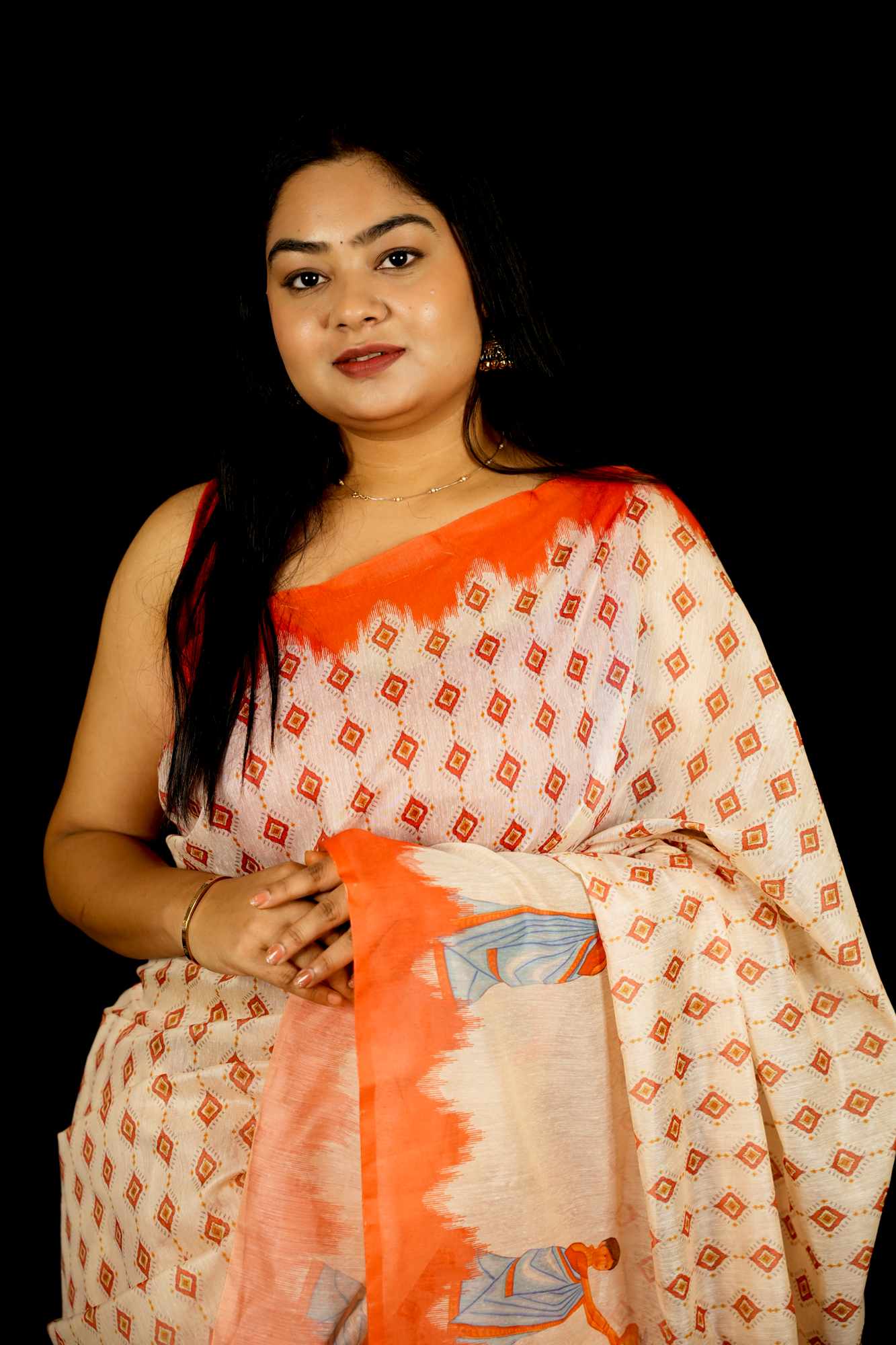 Beautiful White Printed With  Orange Temple Border & Overall Picture Embroidery Wrap in 1 minute saree