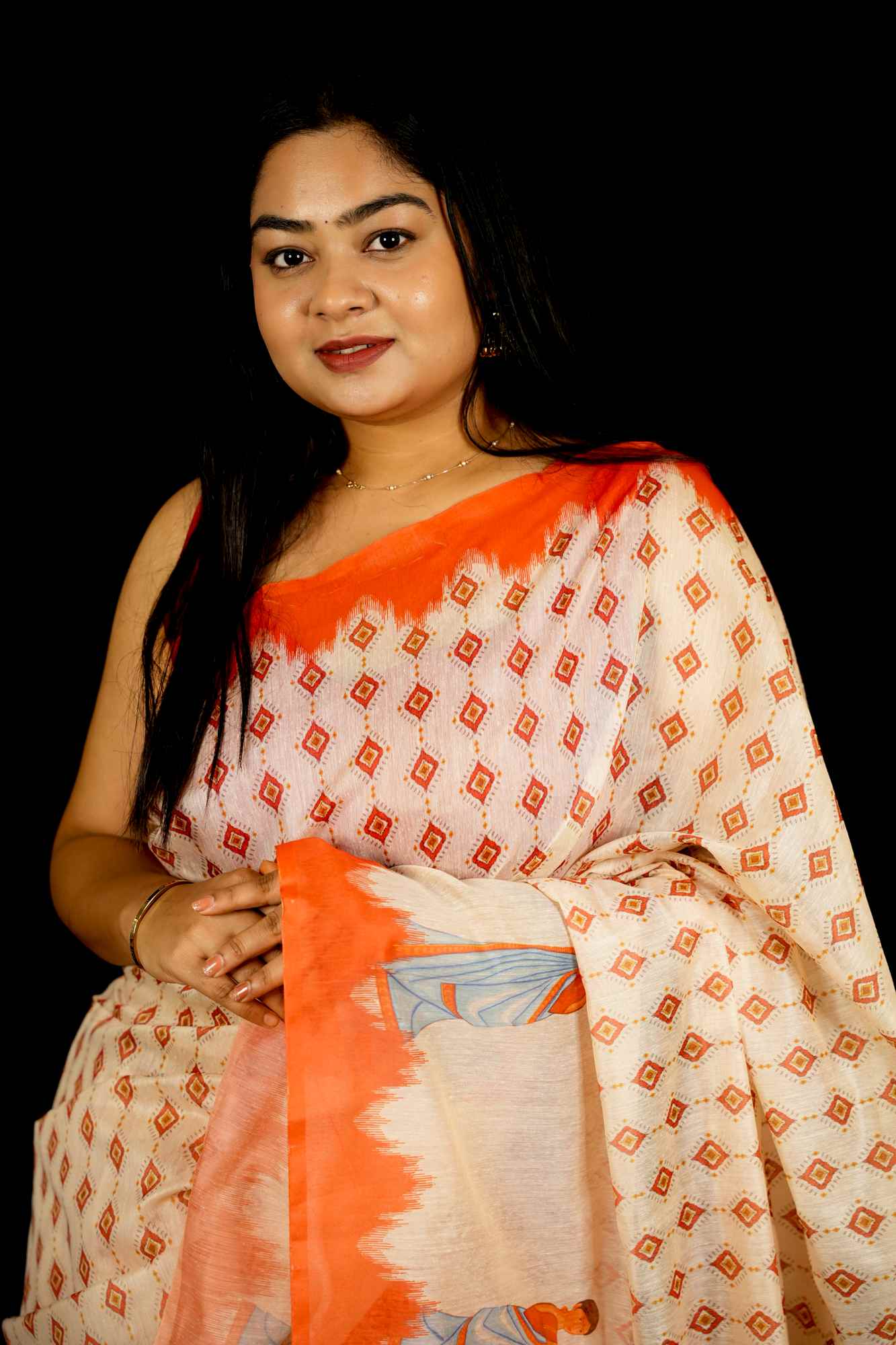 Beautiful White Printed With  Orange Temple Border & Overall Picture Embroidery Wrap in 1 minute saree
