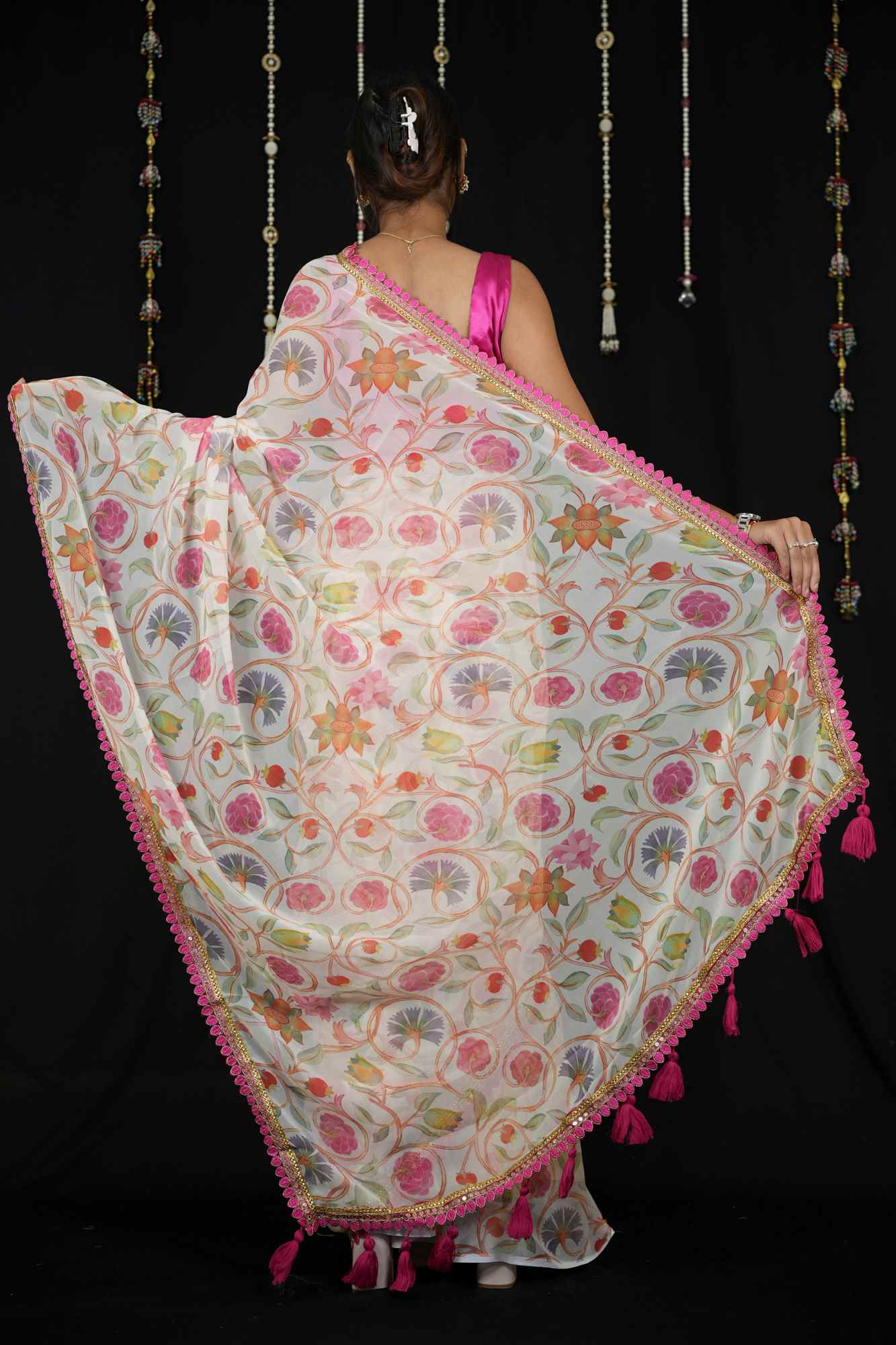 Chiffon with Floral Print and Lace Border in Off-White Ready To Wear Saree