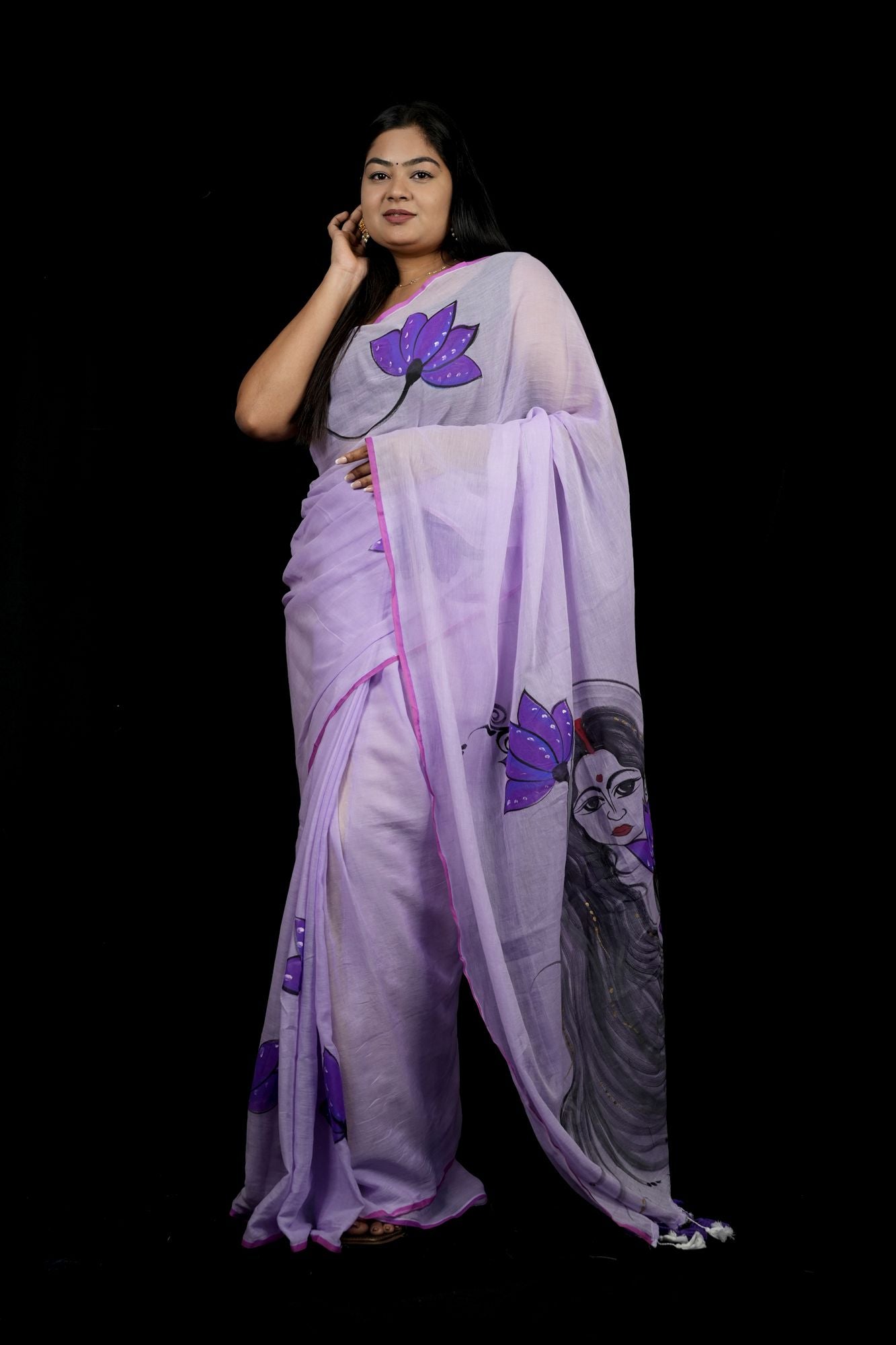 Hand-Painted women in her regal form Motif with Lotus Accents Ready To Wear Saree