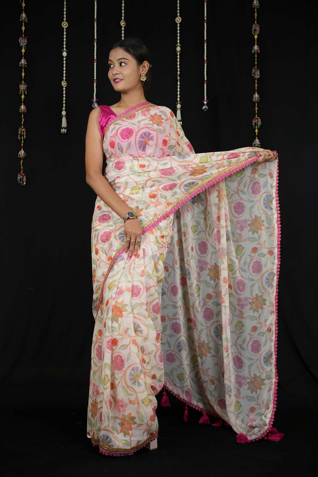 Chiffon with Floral Print and Lace Border in Off-White Ready To Wear Saree
