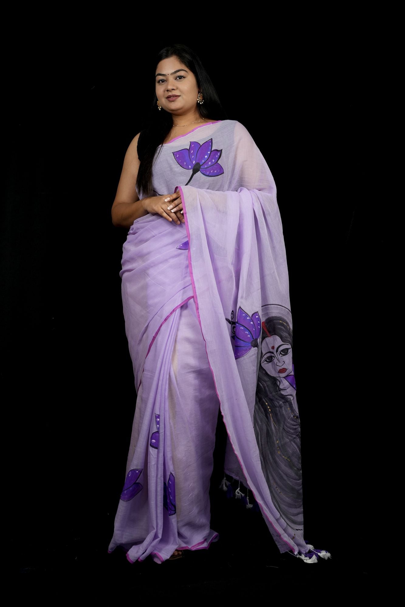 Hand-Painted women in her regal form Motif with Lotus Accents Ready To Wear Saree
