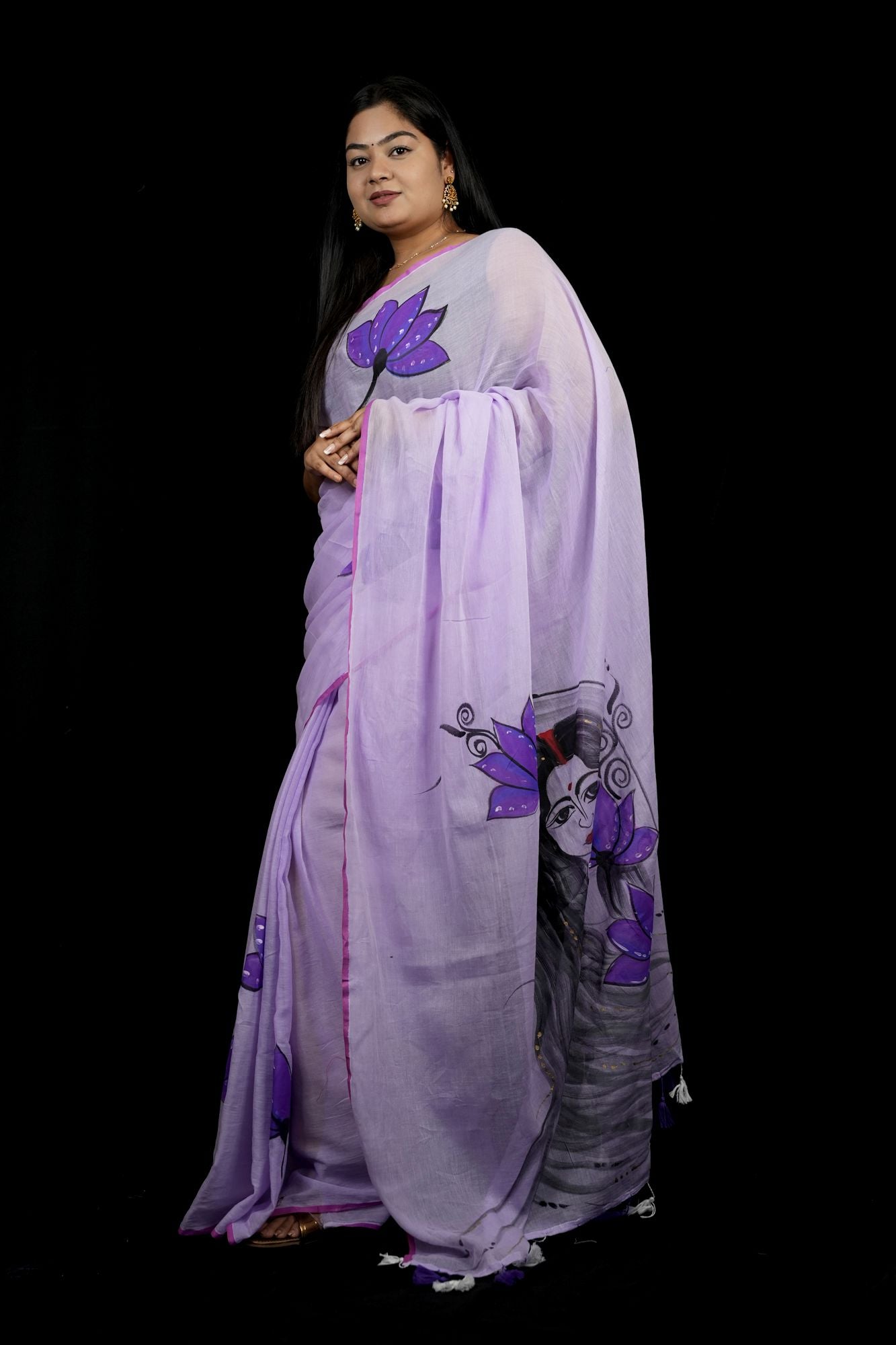 Hand-Painted women in her regal form Motif with Lotus Accents Ready To Wear Saree