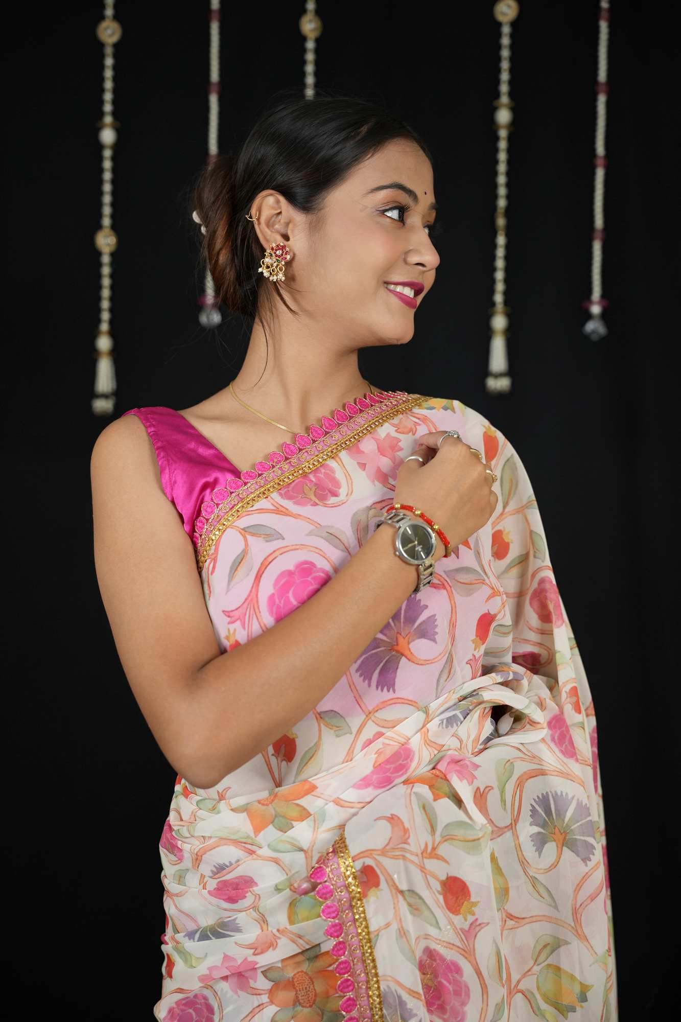 Chiffon with Floral Print and Lace Border in Off-White Ready To Wear Saree