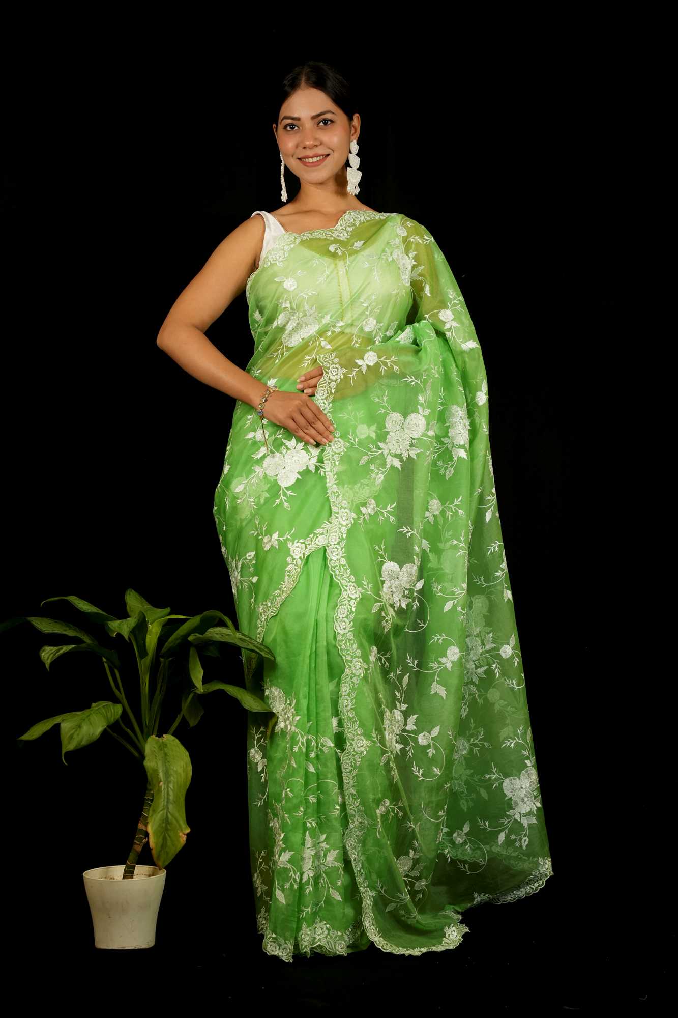 Organza Silk Prestitched Saree with White Thread Embroidery and Scalloped Lace Border Ready to wear Saree