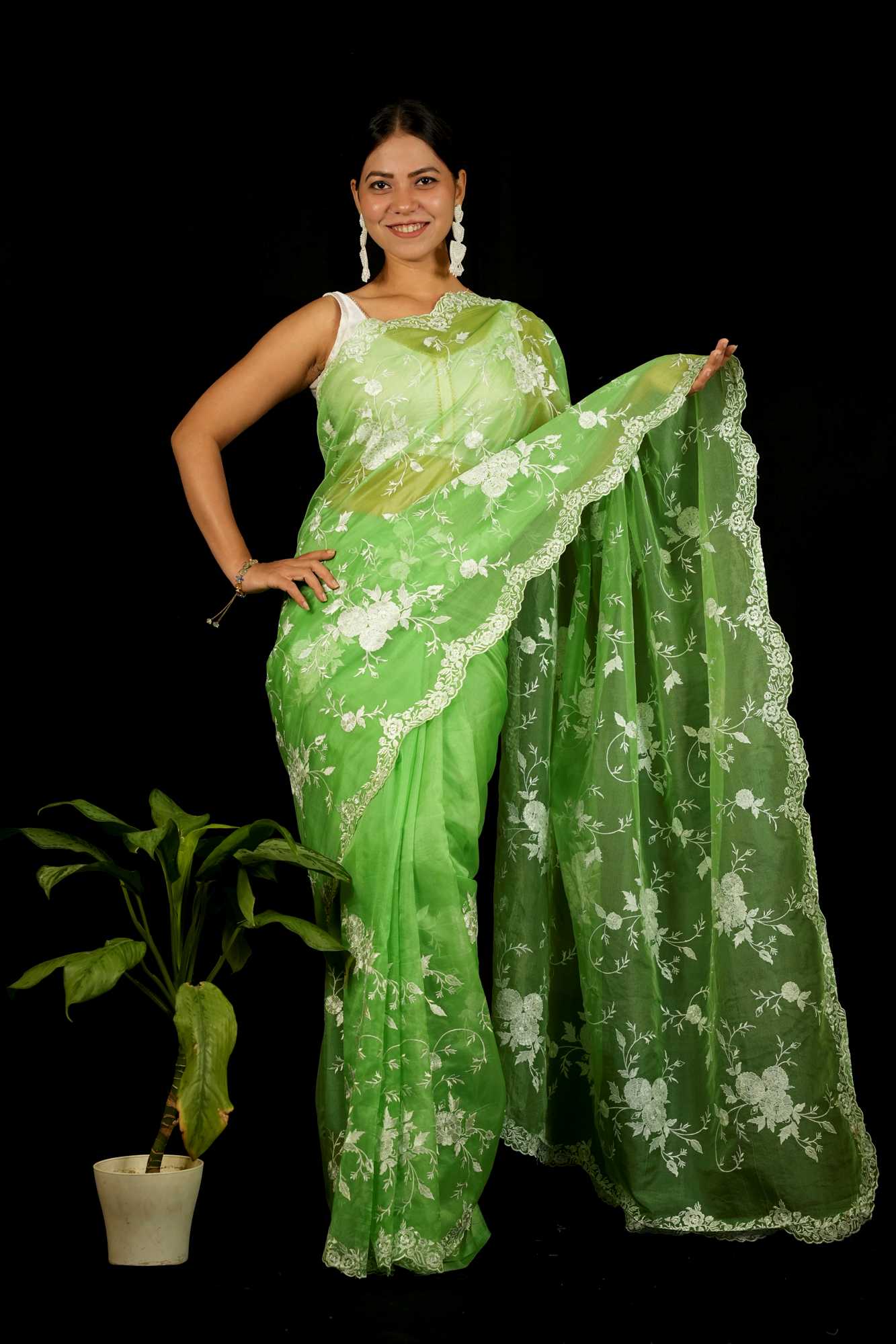 Organza Silk Prestitched Saree with White Thread Embroidery and Scalloped Lace Border Ready to wear Saree