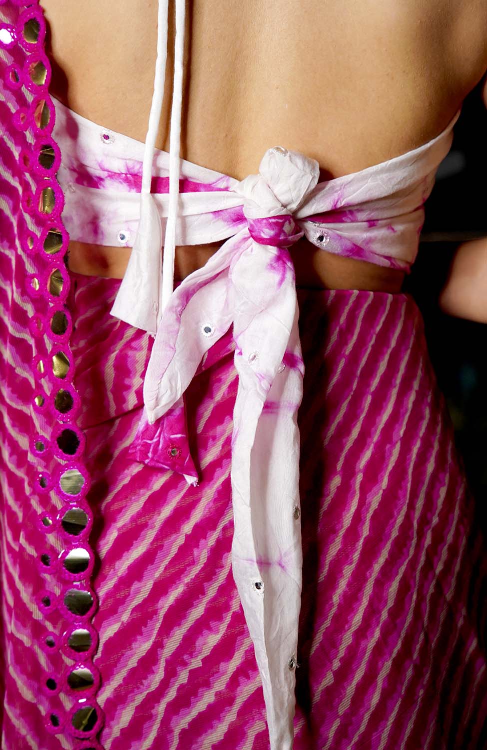 Beautiful Pink Shibori With Mirror embellished Halter Strap  and Stylish Back Design Blouse