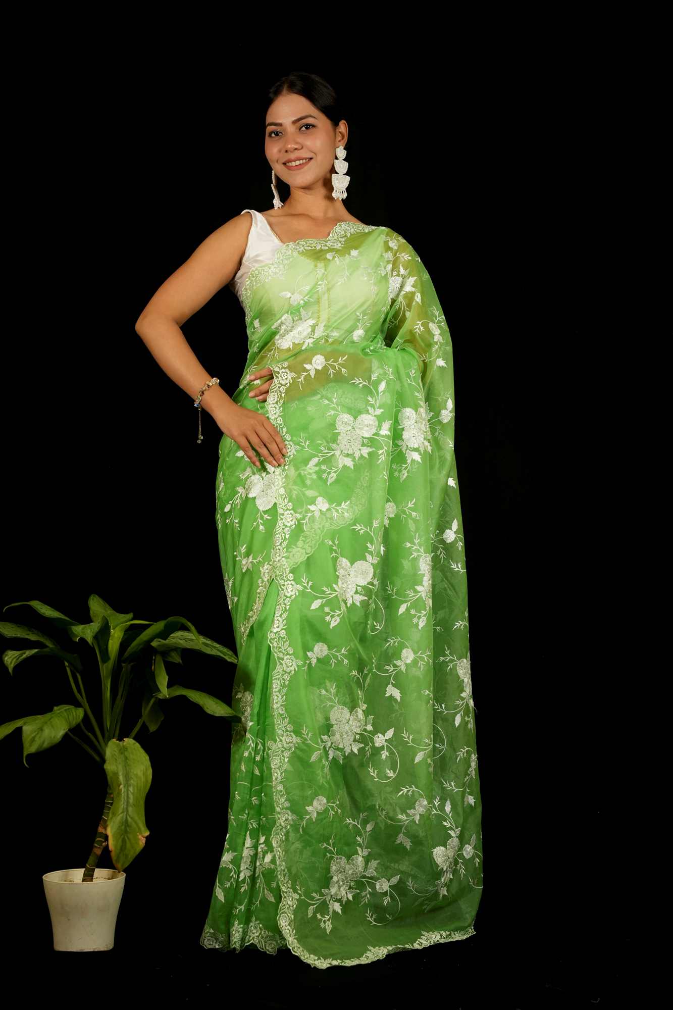 Organza Silk Prestitched Saree with White Thread Embroidery and Scalloped Lace Border Ready to wear Saree