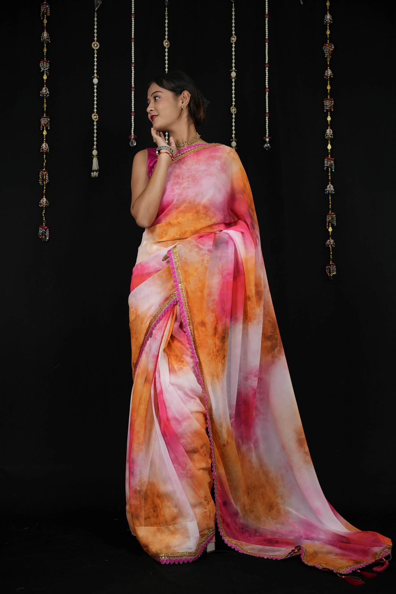 Georgette Tie-Dye in Pink, Orange, and White with Tassels Ready To Wear Saree