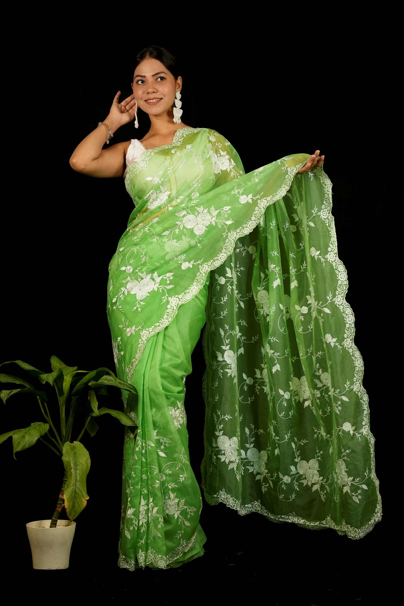 Organza Silk Prestitched Saree with White Thread Embroidery and Scalloped Lace Border Ready to wear Saree