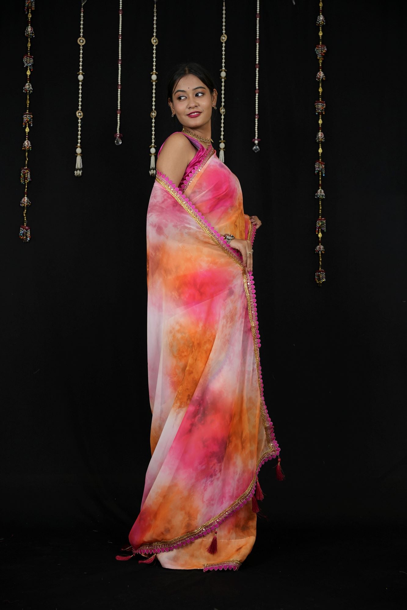 Georgette Tie-Dye in Pink, Orange, and White with Tassels Ready To Wear Saree