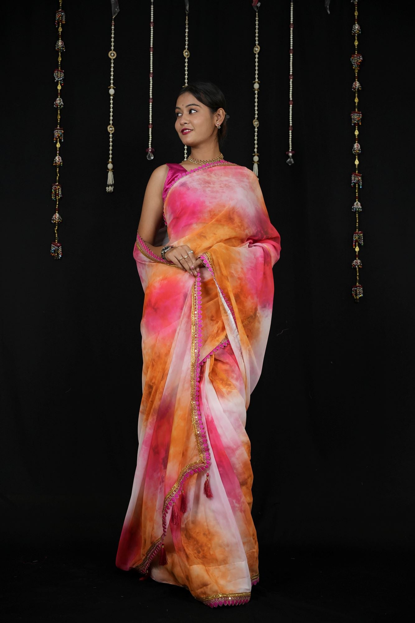 Georgette Tie-Dye in Pink, Orange, and White with Tassels Ready To Wear Saree