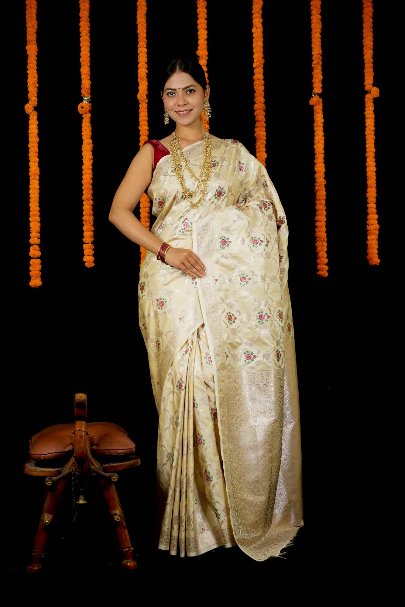 Mashru Silk with Intricate Zari Weave and Floral Motifs Ready To Wear Saree