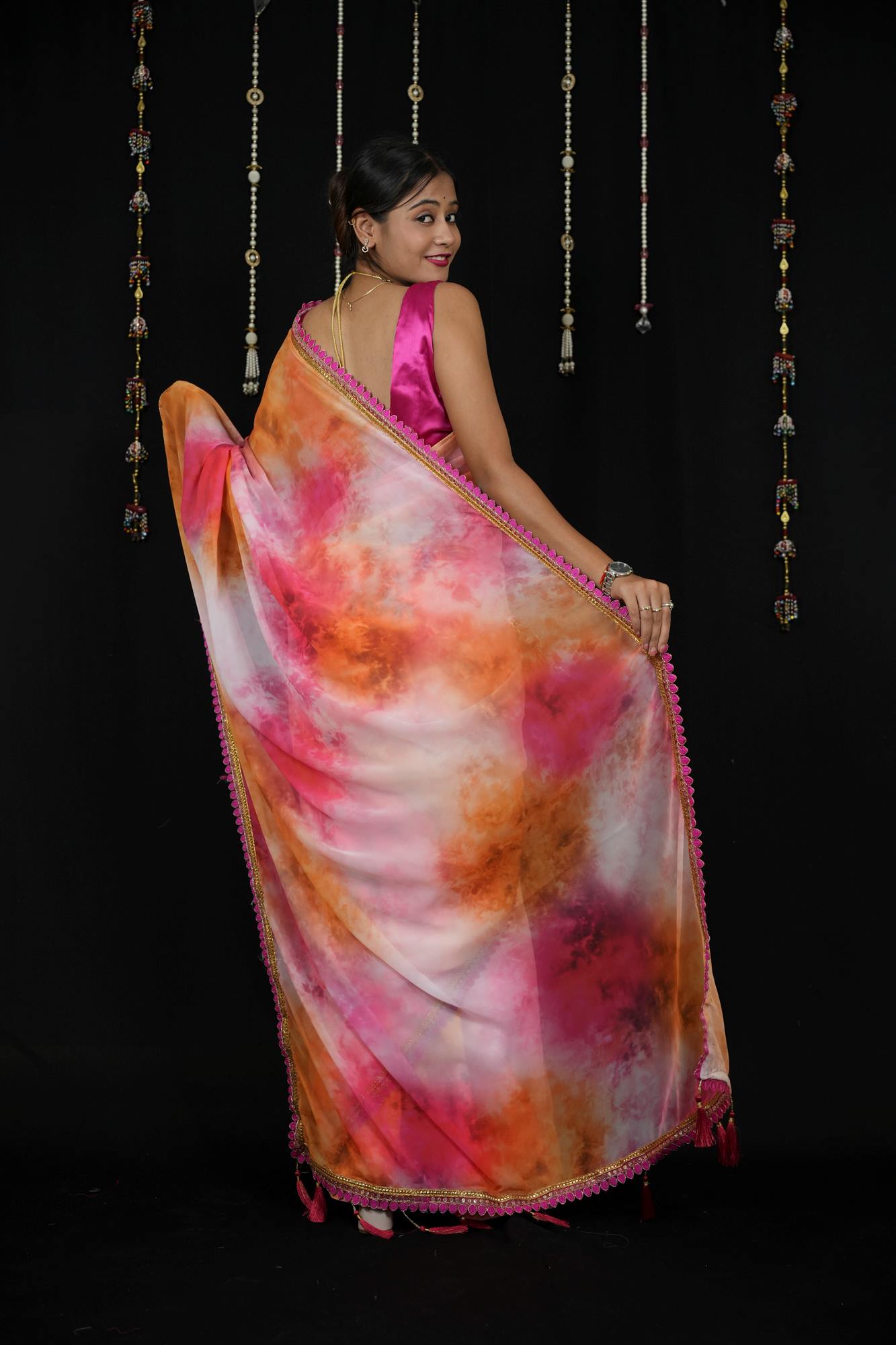 Georgette Tie-Dye in Pink, Orange, and White with Tassels Ready To Wear Saree