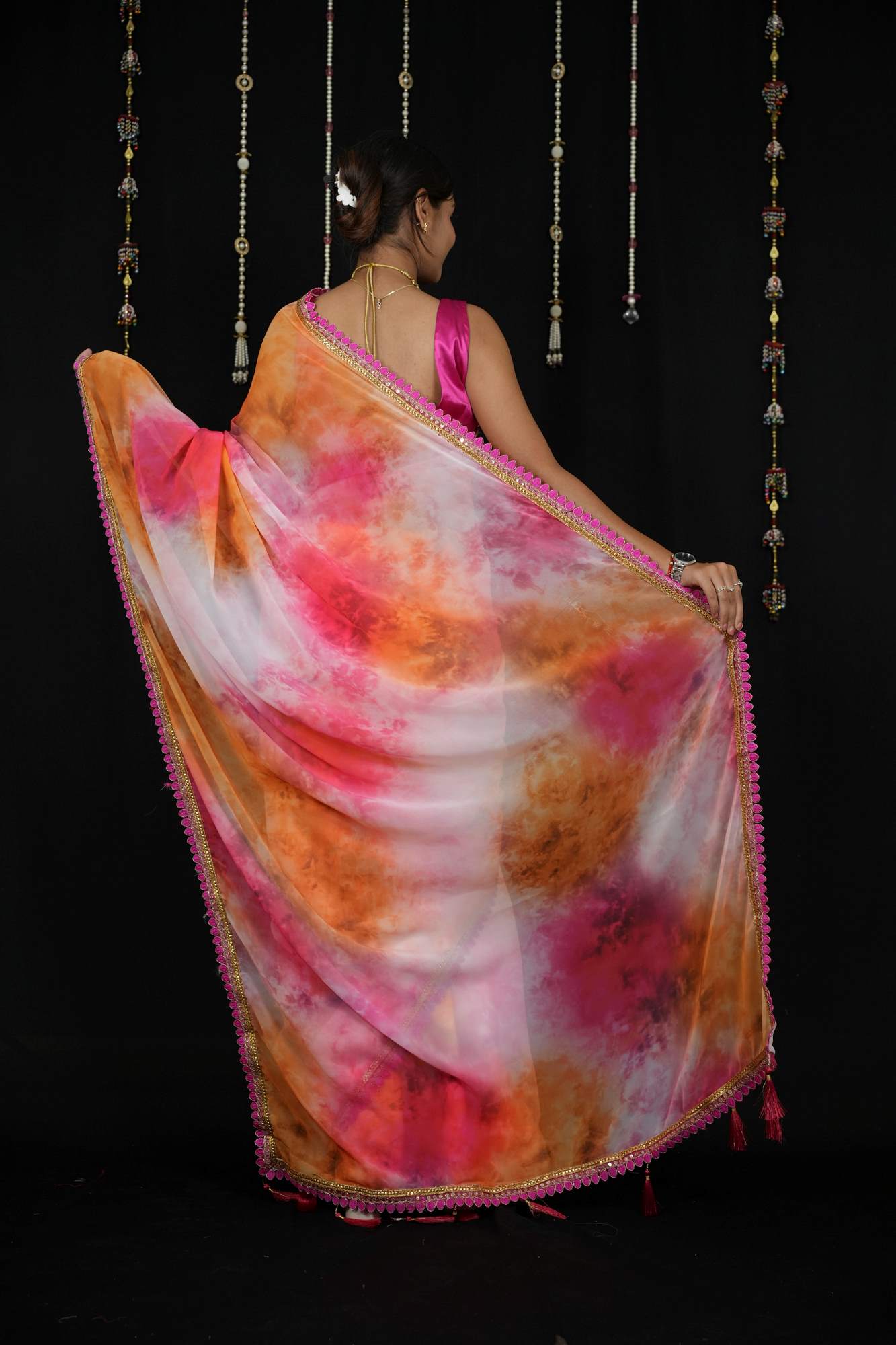 Georgette Tie-Dye in Pink, Orange, and White with Tassels Ready To Wear Saree