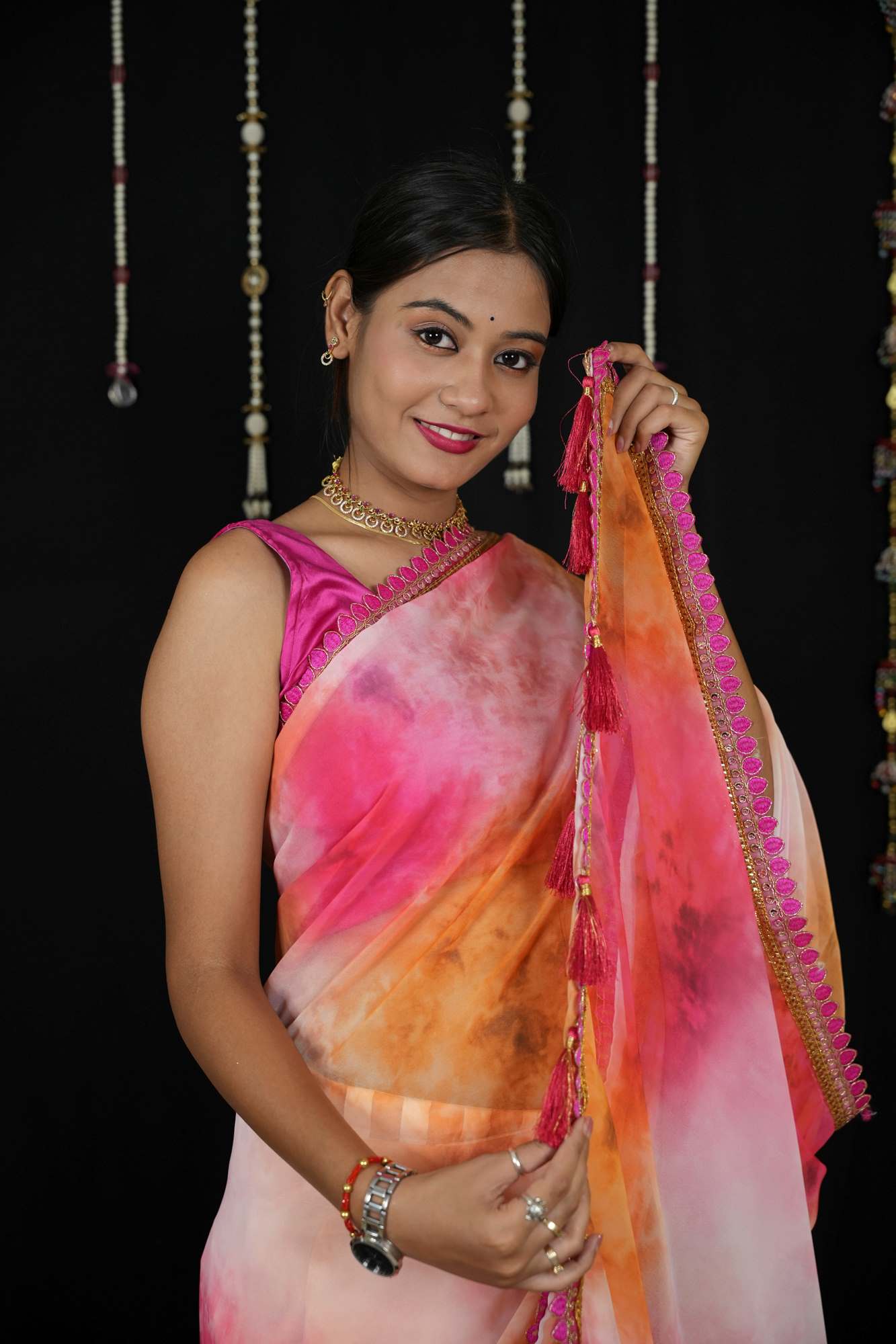 Georgette Tie-Dye in Pink, Orange, and White with Tassels Ready To Wear Saree