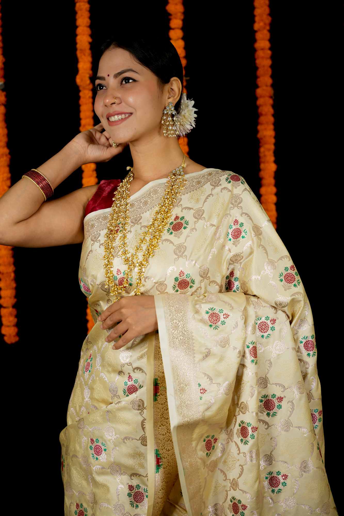 Mashru Silk with Intricate Zari Weave and Floral Motifs Ready To Wear Saree