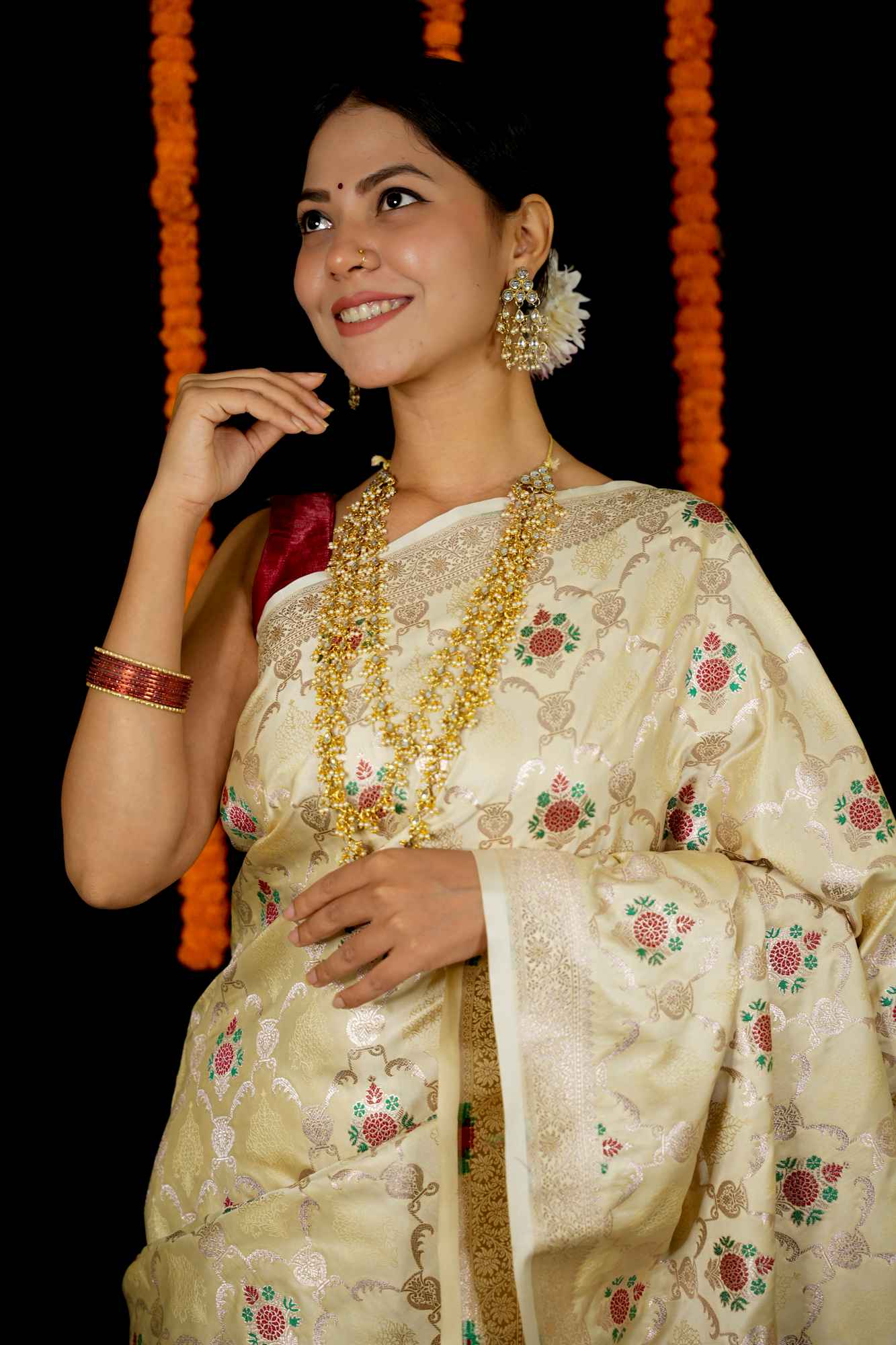 Mashru Silk with Intricate Zari Weave and Floral Motifs Ready To Wear Saree