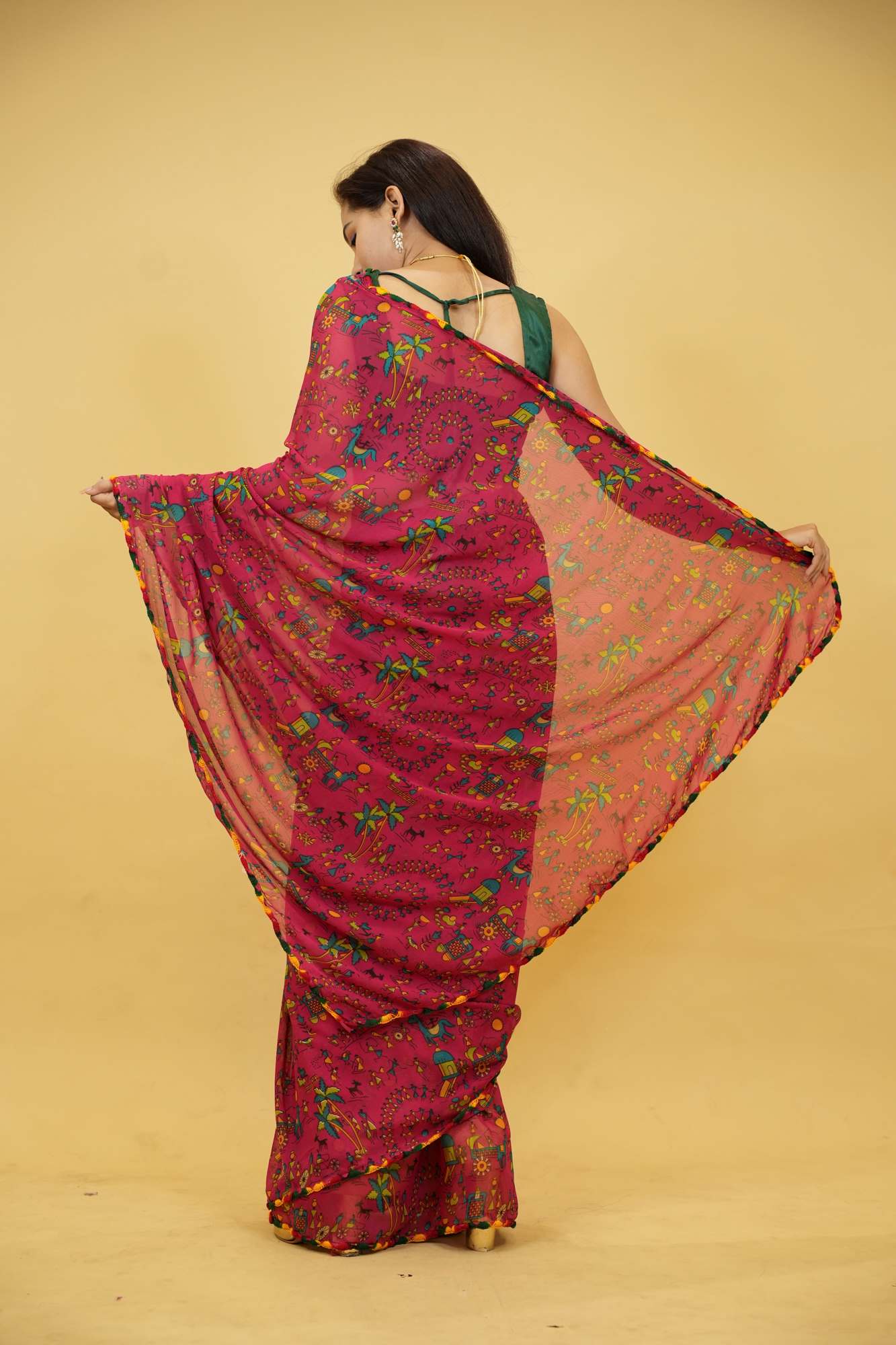 Georgette with Rajasthani Folk Motifs Ready To Wear Saree