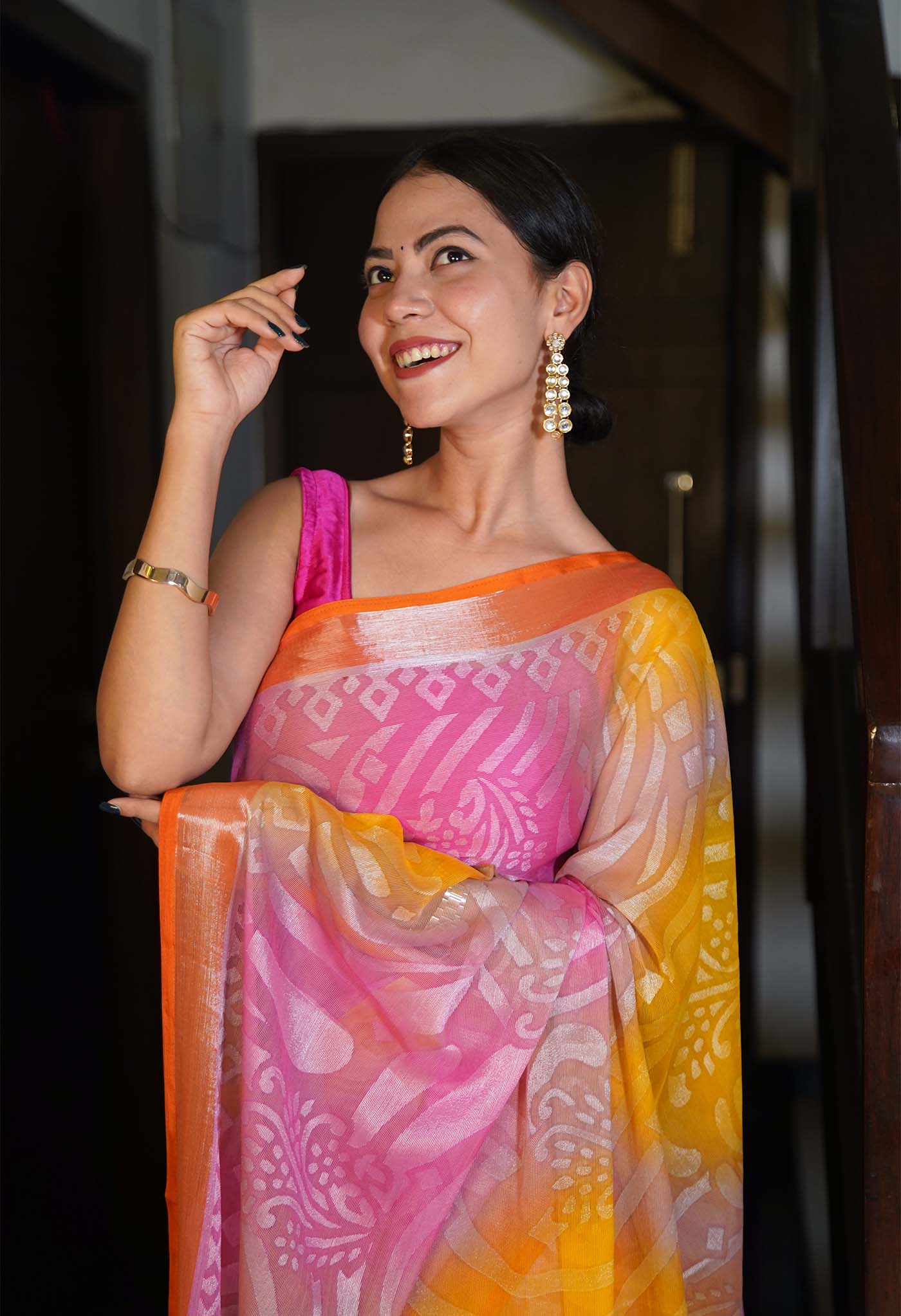 Beautiful Multicolor Brasso Chiffon with Plane Border Wrap in 1 Minute Saree