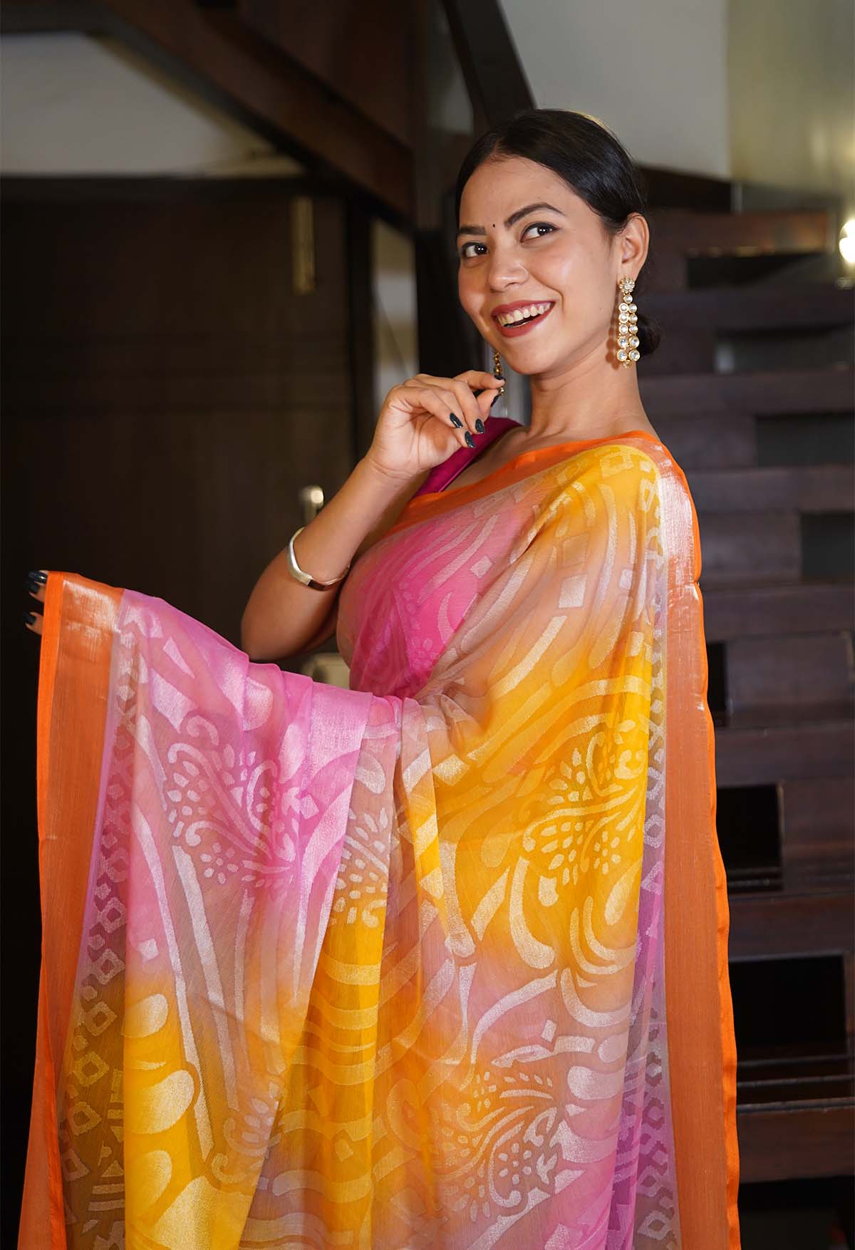 Beautiful Multicolor Brasso Chiffon with Plane Border Wrap in 1 Minute Saree